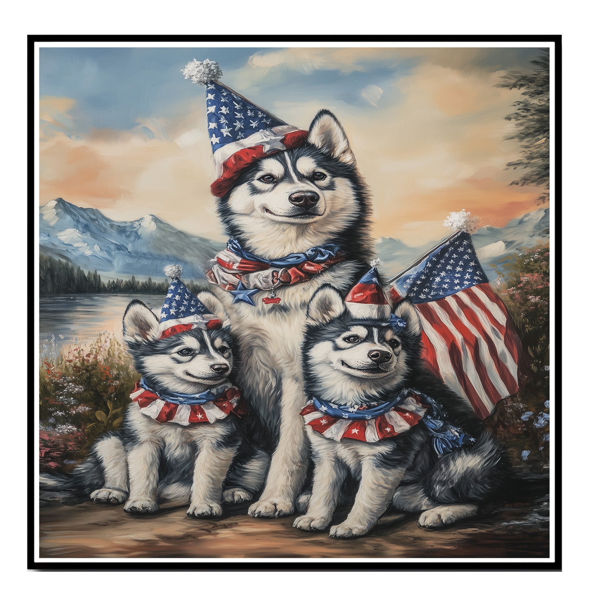 Siberian Husky Dog Family in Patriotic Outfits and Party Hats with American Flags and Mountain Scenery for Fourth of July on Ready to Hang 1.5" Thick Canvas Wrap, Floating Framed Canvas, Flat Rolled Canvas