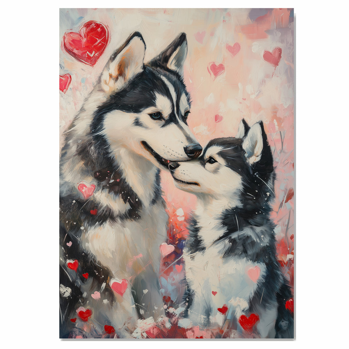 Sweet Siberian Husky Dog Couple with Pink Hearts Romantic Dog Lovers Artwork for Cozy Rustic Homes and Gift Decor on Ready to Hang 1.5" Thick Canvas Wrap, Floating Framed Canvas, Flat Rolled Canvas