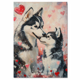 Sweet Siberian Husky Dog Couple with Pink Hearts Romantic Dog Lovers Artwork for Cozy Rustic Homes and Gift Decor on Ready to Hang 1.5" Thick Canvas Wrap, Floating Framed Canvas, Flat Rolled Canvas