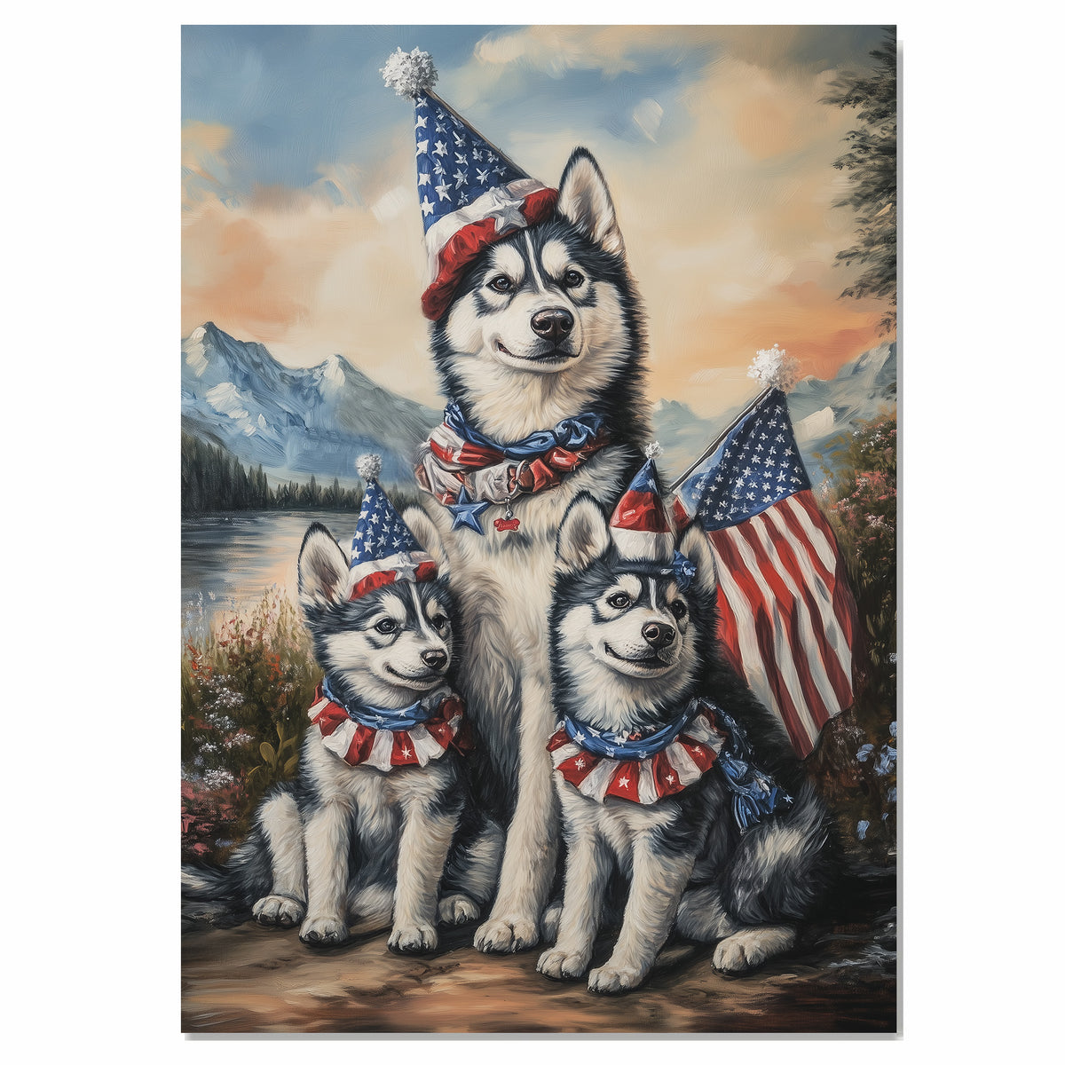 Siberian Husky Dog Family in Patriotic Outfits and Party Hats with American Flags and Mountain Scenery for Fourth of July on Ready to Hang 1.5" Thick Canvas Wrap, Floating Framed Canvas, Flat Rolled Canvas