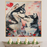 Sweet Siberian Husky Dog Couple with Pink Hearts Romantic Dog Lovers Artwork for Cozy Rustic Homes and Gift Decor on Ready to Hang 1.5" Thick Canvas Wrap, Floating Framed Canvas, Flat Rolled Canvas
