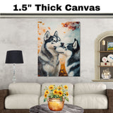 Romantic Siberian Husky Dog Couple with Hearts Fall Leaves Artwork for Dog Lovers Rustic Cozy Home and Gift Decor on Ready to Hang 1.5" Thick Canvas Wrap, Floating Framed Canvas, Flat Rolled Canvas