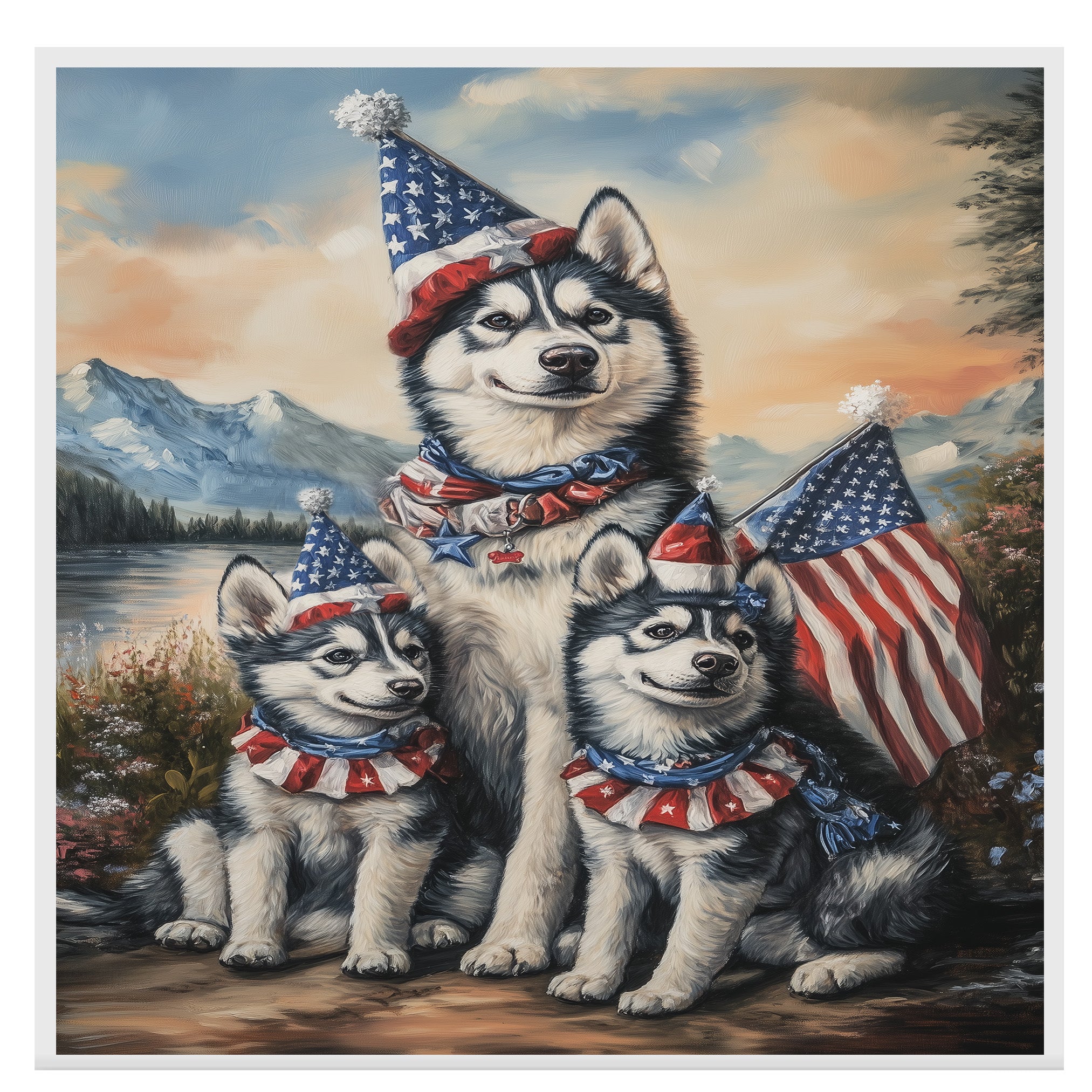 Siberian Husky Dog Family in Patriotic Outfits and Party Hats with American Flags and Mountain Scenery for Fourth of July on Ready to Hang 1.5" Thick Canvas Wrap, Floating Framed Canvas, Flat Rolled Canvas