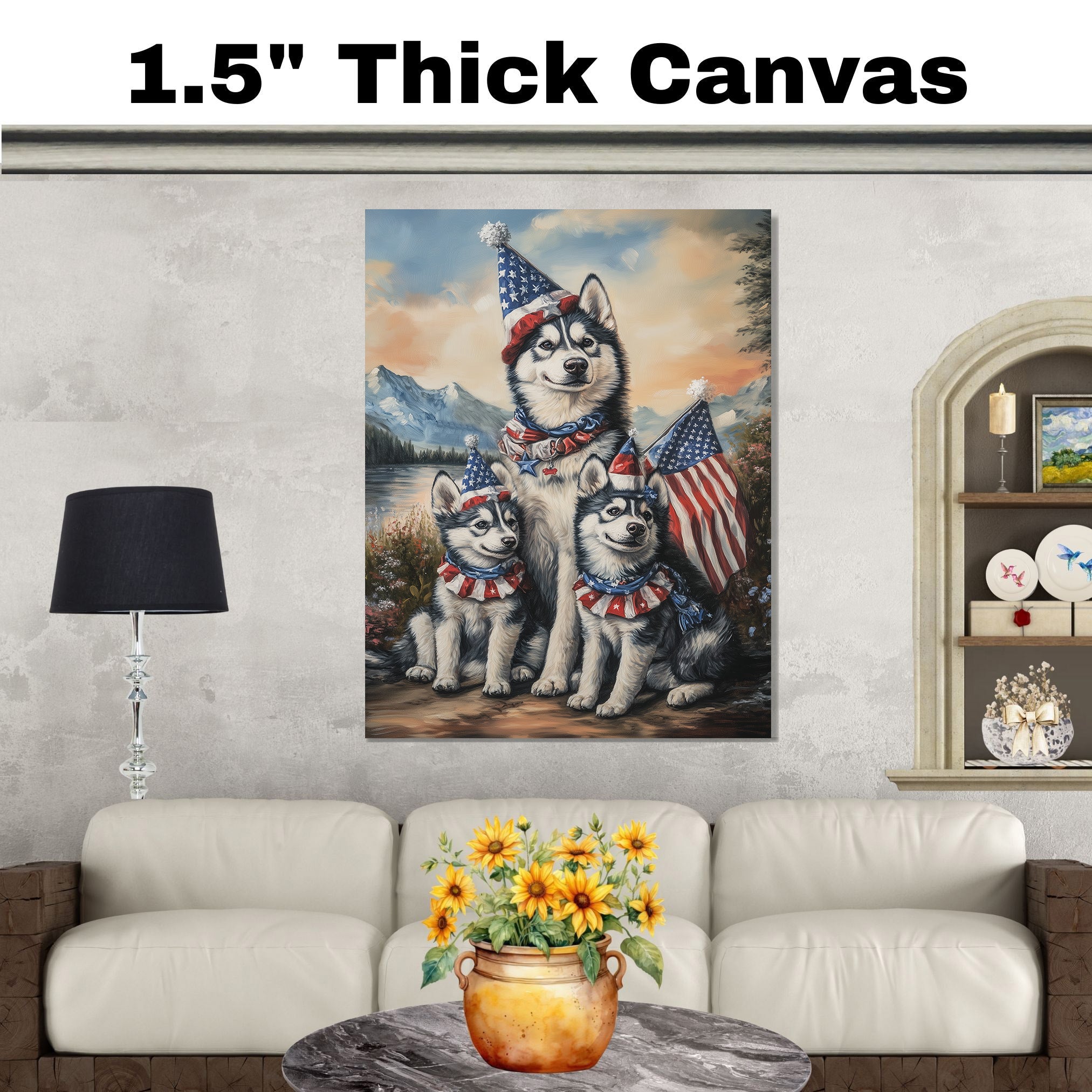 Siberian Husky Dog Family in Patriotic Outfits and Party Hats with American Flags and Mountain Scenery for Fourth of July on Ready to Hang 1.5" Thick Canvas Wrap, Floating Framed Canvas, Flat Rolled Canvas