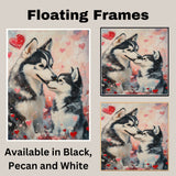 Sweet Siberian Husky Dog Couple with Pink Hearts Romantic Dog Lovers Artwork for Cozy Rustic Homes and Gift Decor on Ready to Hang 1.5" Thick Canvas Wrap, Floating Framed Canvas, Flat Rolled Canvas