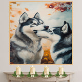 Romantic Siberian Husky Dog Couple with Hearts Fall Leaves Artwork for Dog Lovers Rustic Cozy Home and Gift Decor on Ready to Hang 1.5" Thick Canvas Wrap, Floating Framed Canvas, Flat Rolled Canvas
