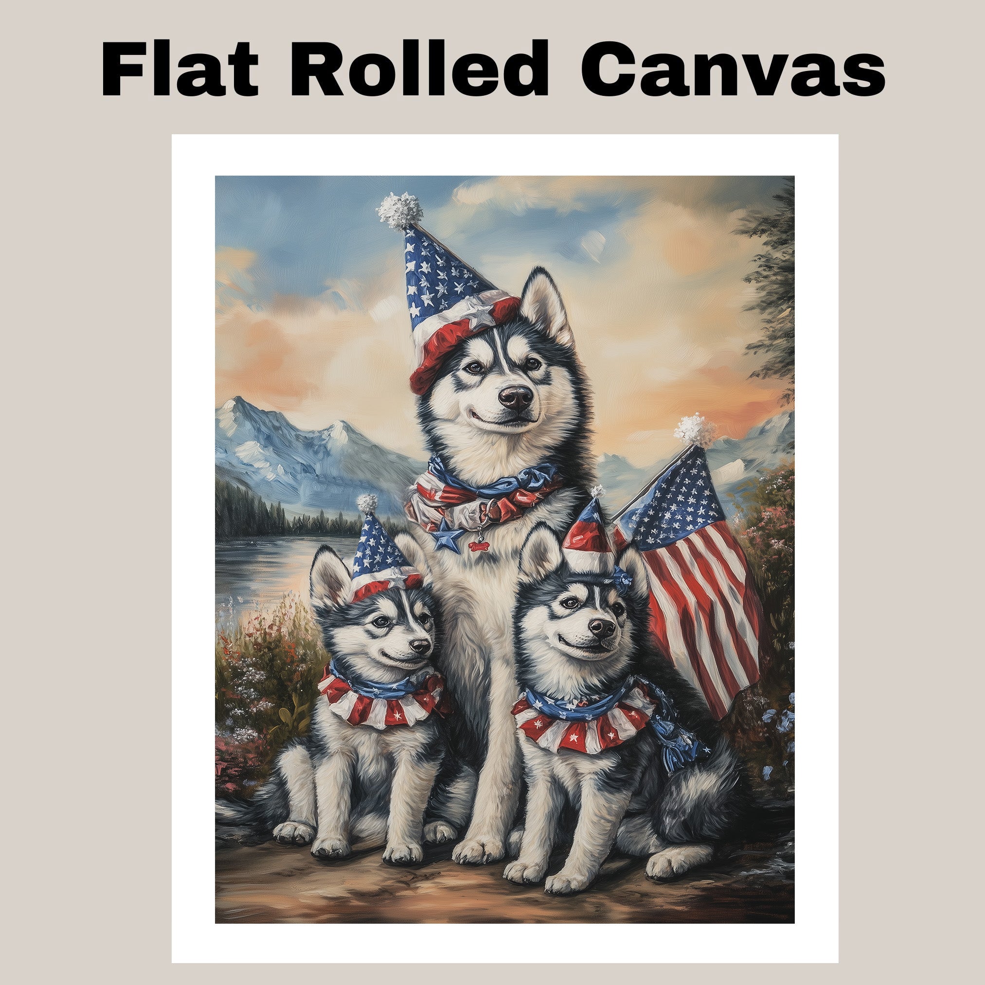 Siberian Husky Dog Family in Patriotic Outfits and Party Hats with American Flags and Mountain Scenery for Fourth of July on Ready to Hang 1.5" Thick Canvas Wrap, Floating Framed Canvas, Flat Rolled Canvas