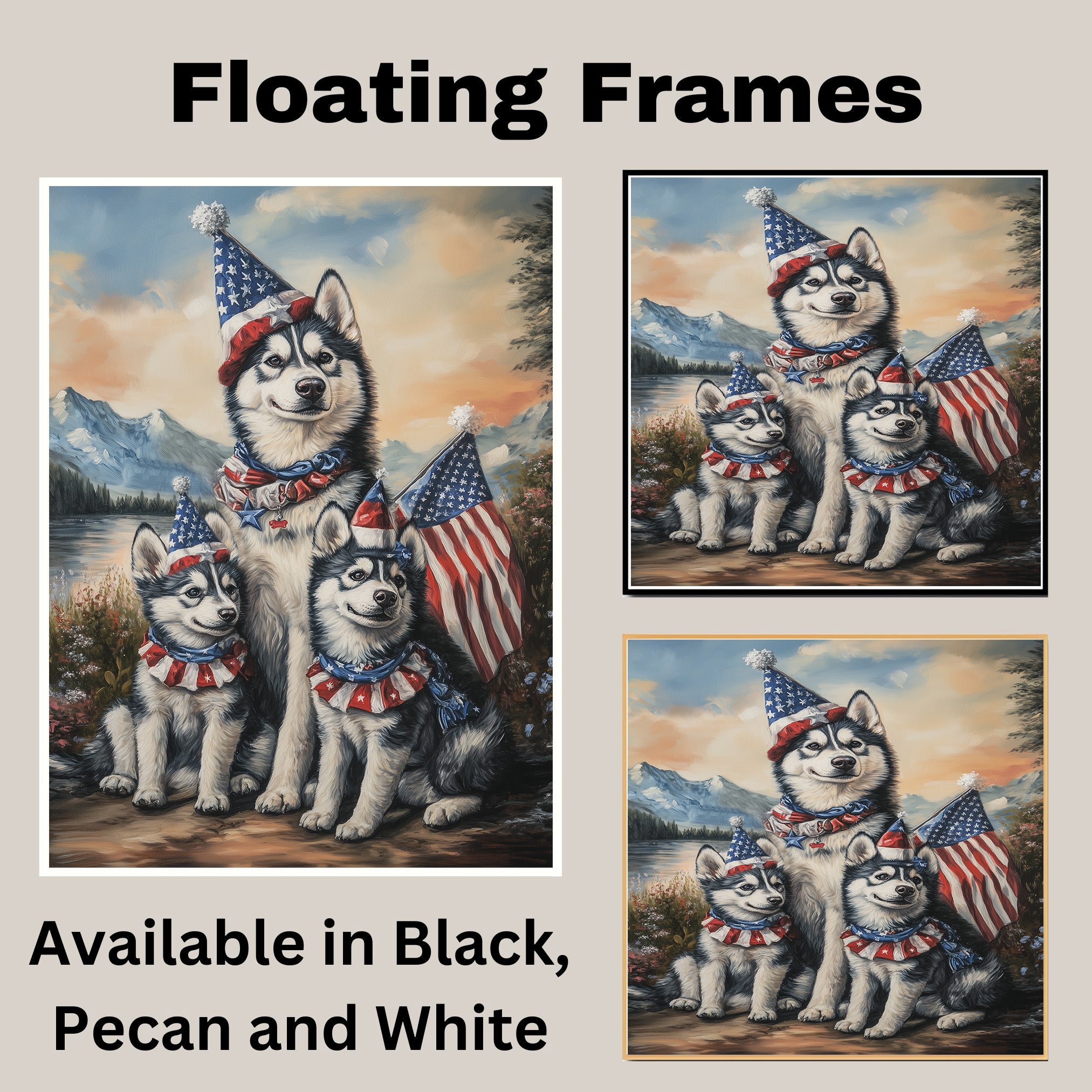 Siberian Husky Dog Family in Patriotic Outfits and Party Hats with American Flags and Mountain Scenery for Fourth of July on Ready to Hang 1.5" Thick Canvas Wrap, Floating Framed Canvas, Flat Rolled Canvas
