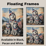 Siberian Husky Dog Family in Patriotic Outfits and Party Hats with American Flags and Mountain Scenery for Fourth of July on Ready to Hang 1.5" Thick Canvas Wrap, Floating Framed Canvas, Flat Rolled Canvas