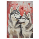 Siberian Husky Dog Couple with Hearts Romantic Pet Artwork for Dog Lovers and Cozy Rustic Home Decor on Ready to Hang 1.5" Thick Canvas Wrap, Floating Framed Canvas, Flat Rolled Canvas