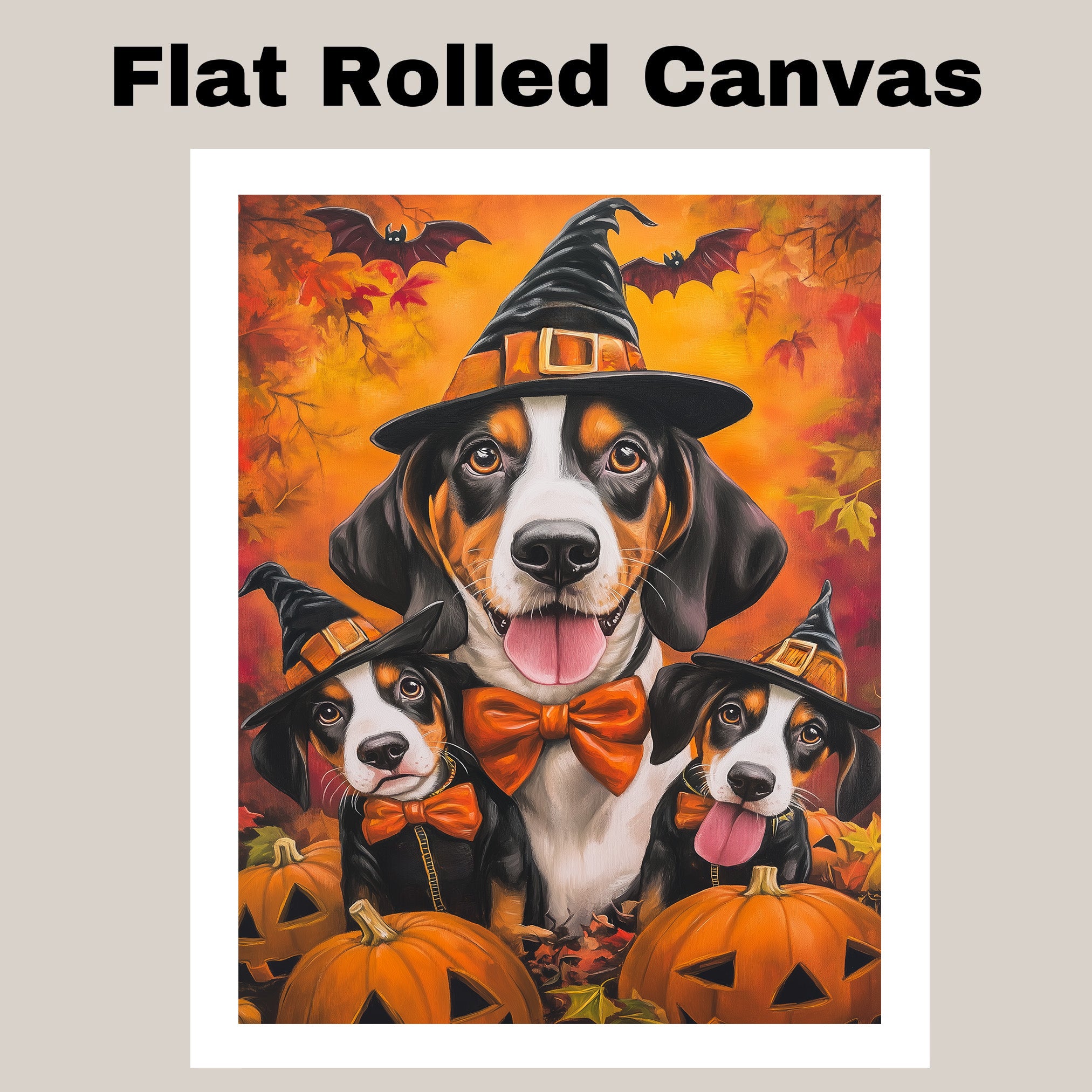 Treeing Walker Coonhound Dog Halloween Wall Art Rustic Fall Canvas with Pumpkins Witch Hat and Bats Autumn Farmhouse Pet Decor for Home on Ready to Hang 1.5" Thick Canvas Wrap, Floating Framed Canvas, Flat Rolled Canvas