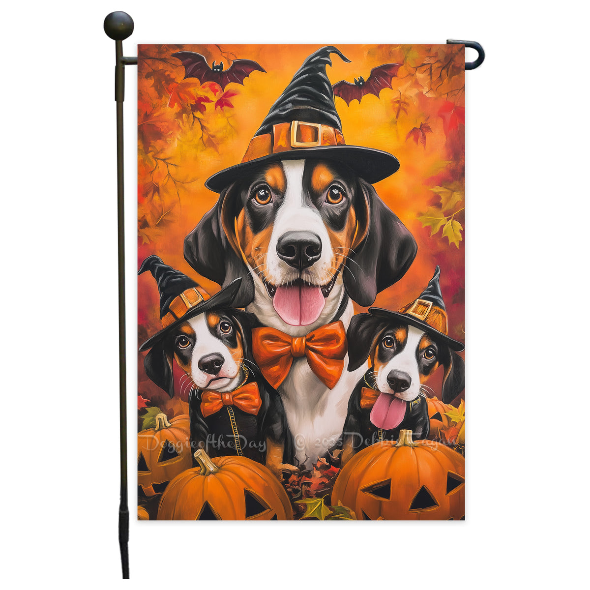 Treeing Walker Coonhound Witch Hat Halloween Garden Flag for Rustic Farmhouse Outdoor Decor with Pumpkins and Bats Fall Autumn Seasonal Garden Decoration Gifts