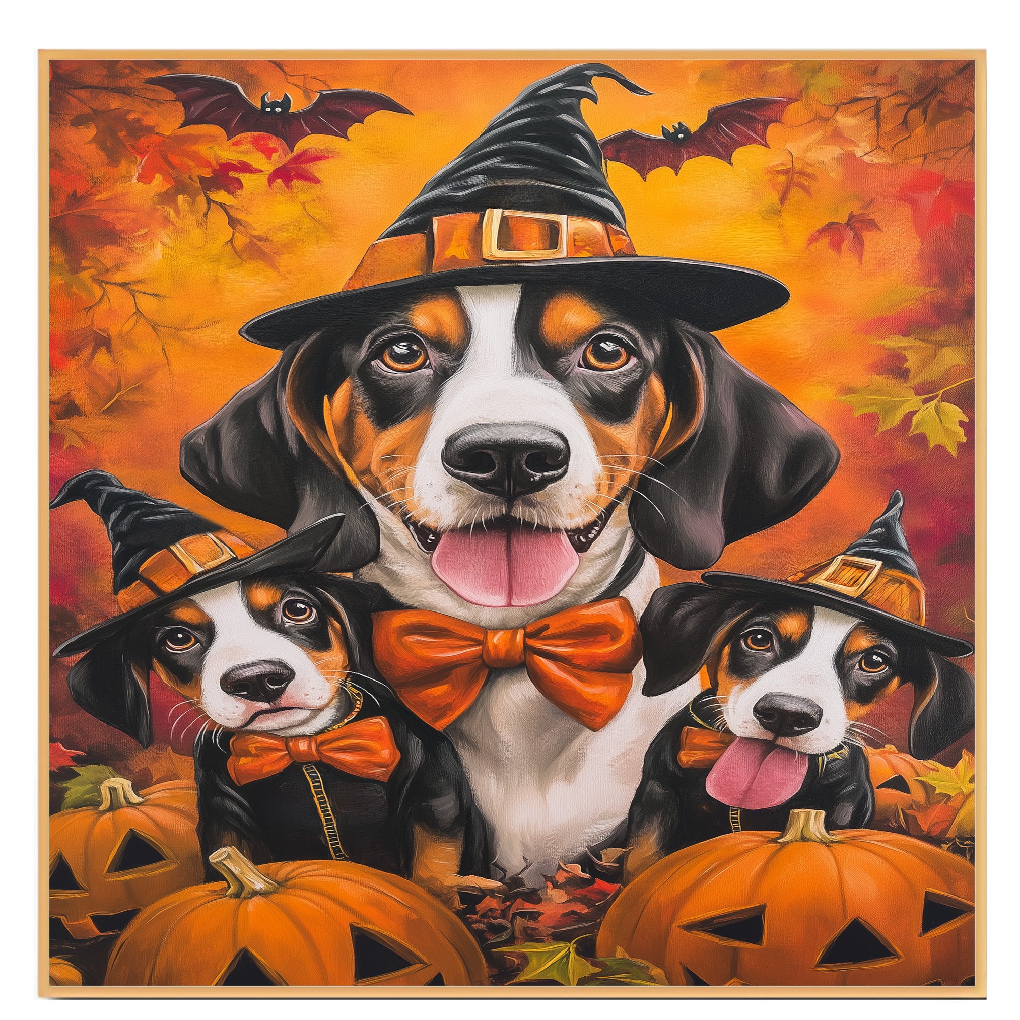Treeing Walker Coonhound Dog Halloween Wall Art Rustic Fall Canvas with Pumpkins Witch Hat and Bats Autumn Farmhouse Pet Decor for Home on Ready to Hang 1.5" Thick Canvas Wrap, Floating Framed Canvas, Flat Rolled Canvas