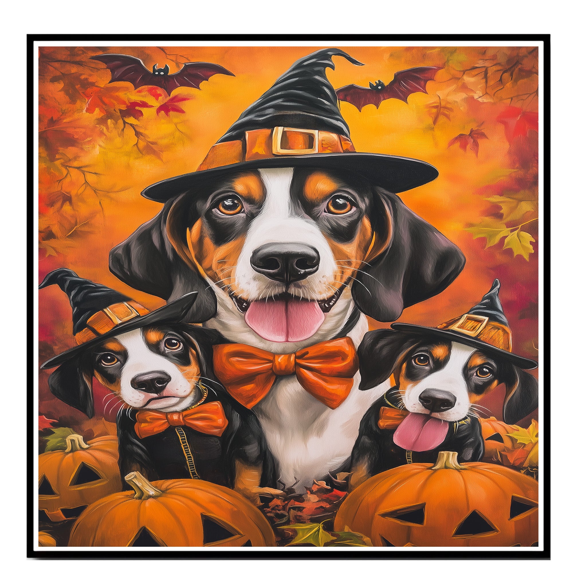 Treeing Walker Coonhound Dog Halloween Wall Art Rustic Fall Canvas with Pumpkins Witch Hat and Bats Autumn Farmhouse Pet Decor for Home on Ready to Hang 1.5" Thick Canvas Wrap, Floating Framed Canvas, Flat Rolled Canvas