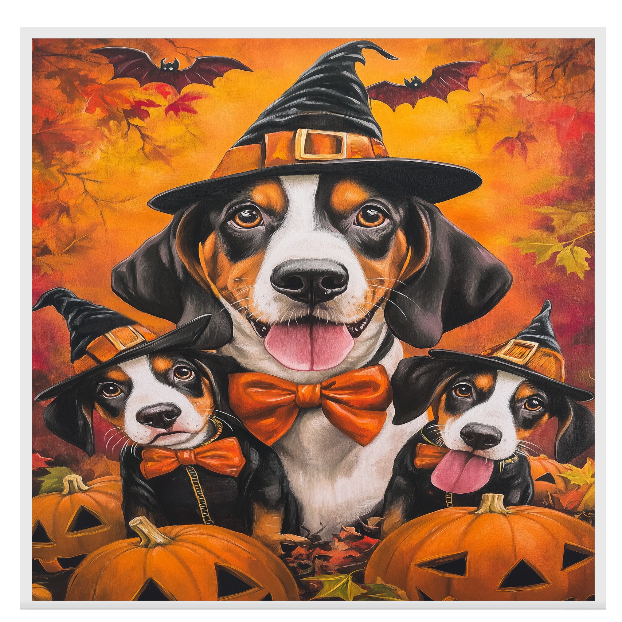 Treeing Walker Coonhound Dog Halloween Wall Art Rustic Fall Canvas with Pumpkins Witch Hat and Bats Autumn Farmhouse Pet Decor for Home on Ready to Hang 1.5" Thick Canvas Wrap, Floating Framed Canvas, Flat Rolled Canvas