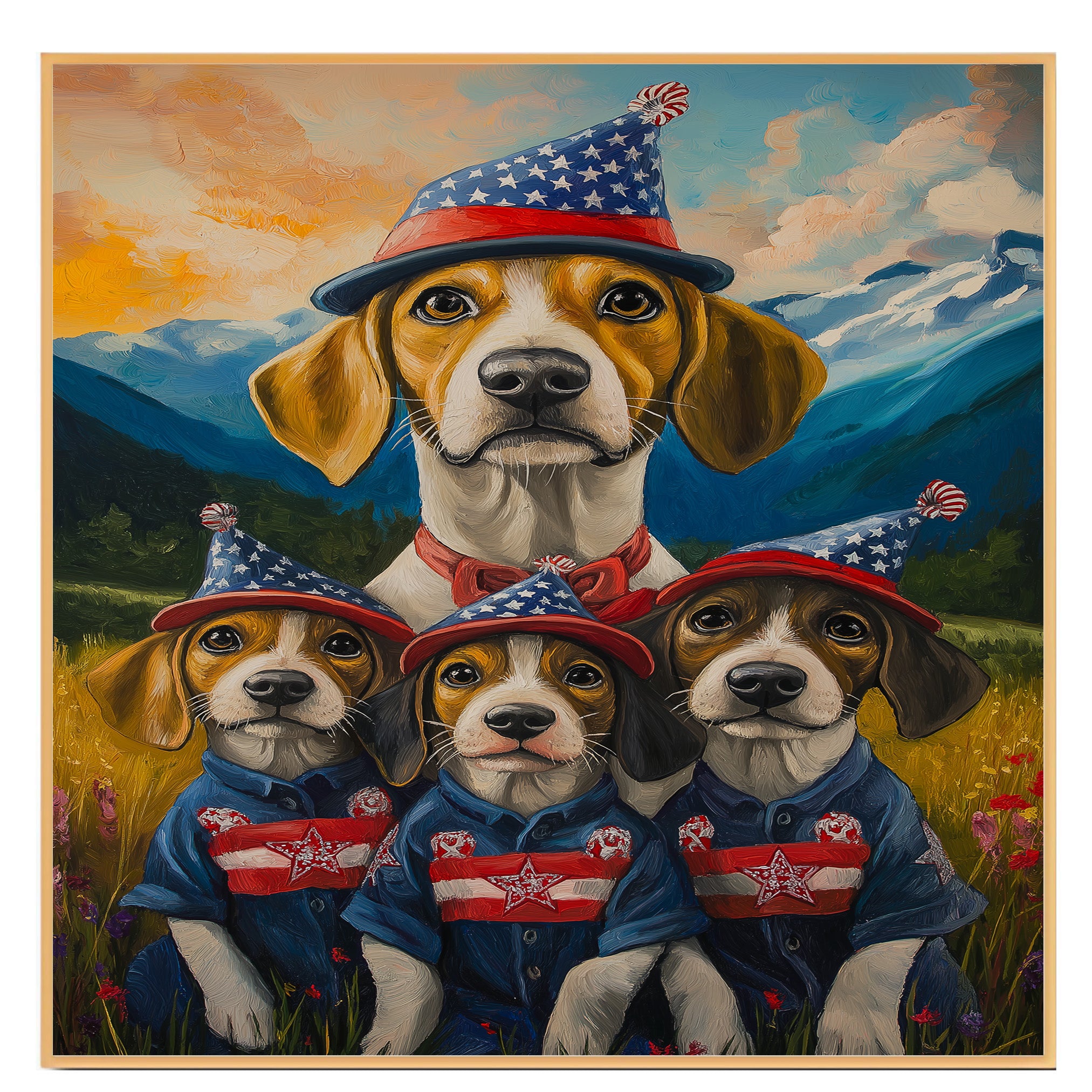 Treeing Walker Dog Family in Patriotic Outfits and Party Hats with Mountain Sunset Background for Fourth of July Decor on Ready to Hang 1.5" Thick Canvas Wrap, Floating Framed Canvas, Flat Rolled Canvas