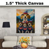 Treeing Walker Dog Family in Patriotic Outfits and Party Hats with Mountain Sunset Background for Fourth of July Decor on Ready to Hang 1.5" Thick Canvas Wrap, Floating Framed Canvas, Flat Rolled Canvas