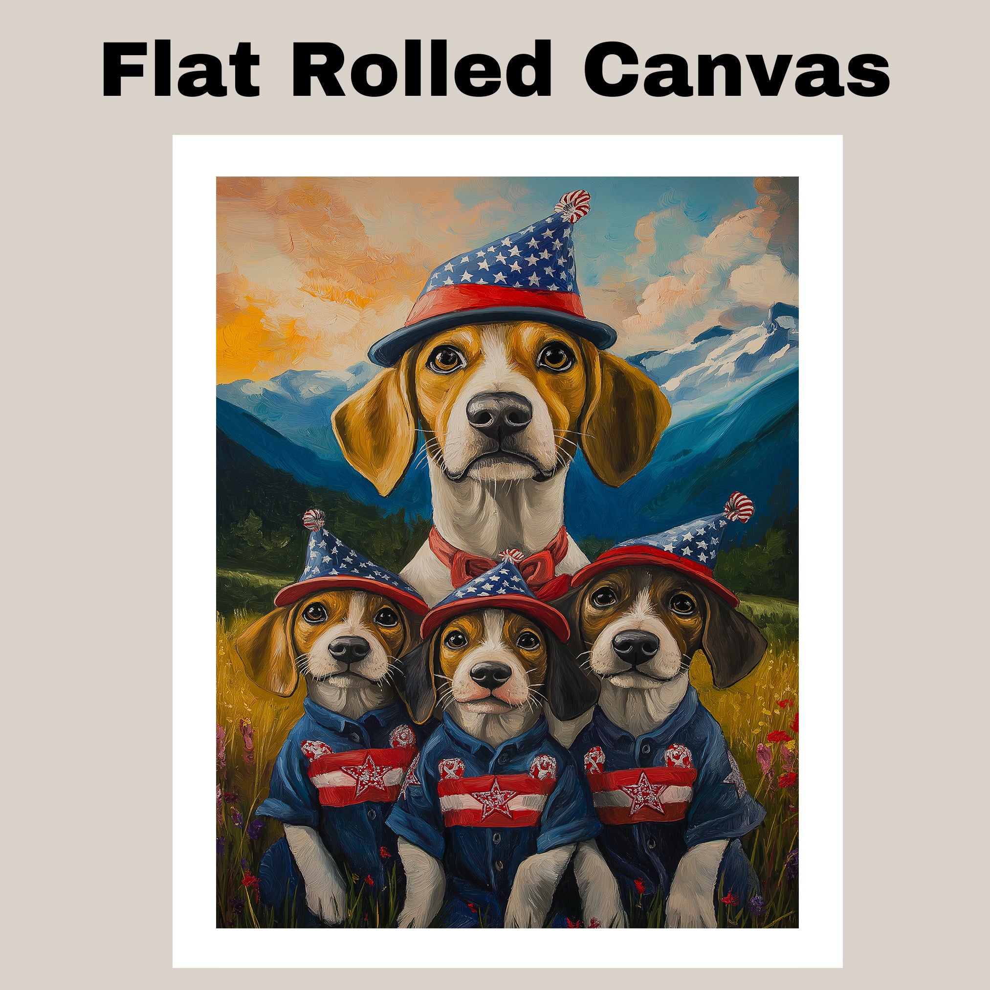 Treeing Walker Dog Family in Patriotic Outfits and Party Hats with Mountain Sunset Background for Fourth of July Decor on Ready to Hang 1.5" Thick Canvas Wrap, Floating Framed Canvas, Flat Rolled Canvas