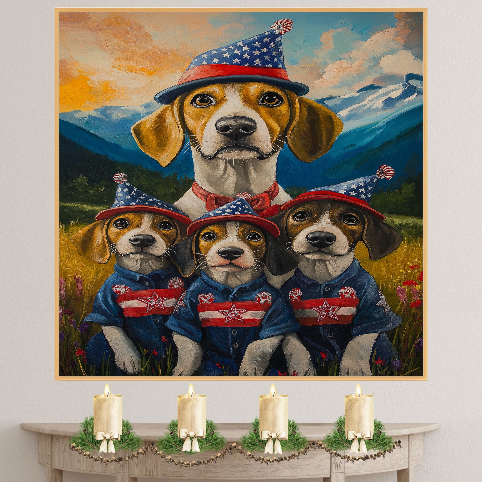 Treeing Walker Dog Family in Patriotic Outfits and Party Hats with Mountain Sunset Background for Fourth of July Decor on Ready to Hang 1.5" Thick Canvas Wrap, Floating Framed Canvas, Flat Rolled Canvas
