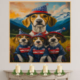 Treeing Walker Dog Family in Patriotic Outfits and Party Hats with Mountain Sunset Background for Fourth of July Decor on Ready to Hang 1.5" Thick Canvas Wrap, Floating Framed Canvas, Flat Rolled Canvas
