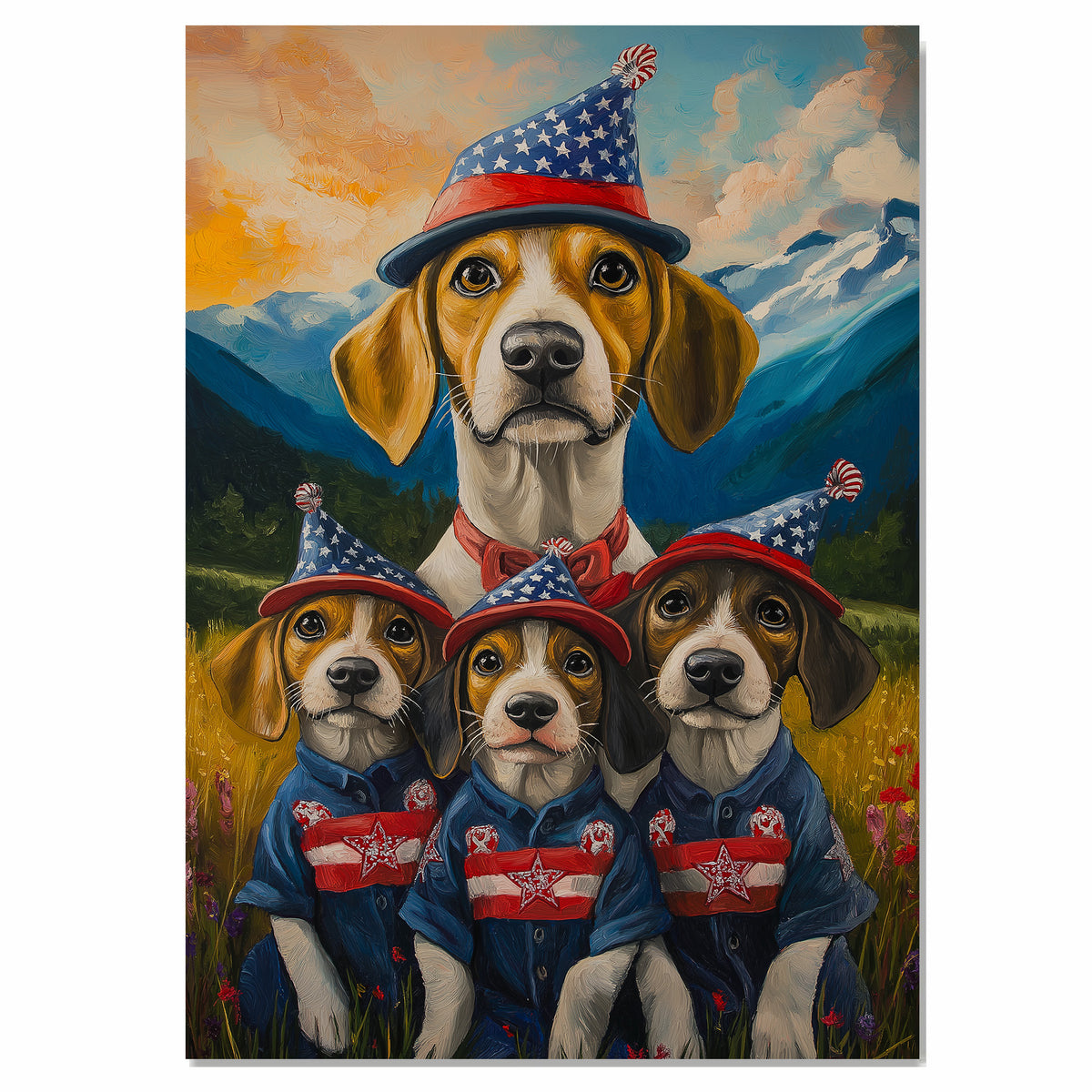 Treeing Walker Dog Family in Patriotic Outfits and Party Hats with Mountain Sunset Background for Fourth of July Decor on Ready to Hang 1.5" Thick Canvas Wrap, Floating Framed Canvas, Flat Rolled Canvas
