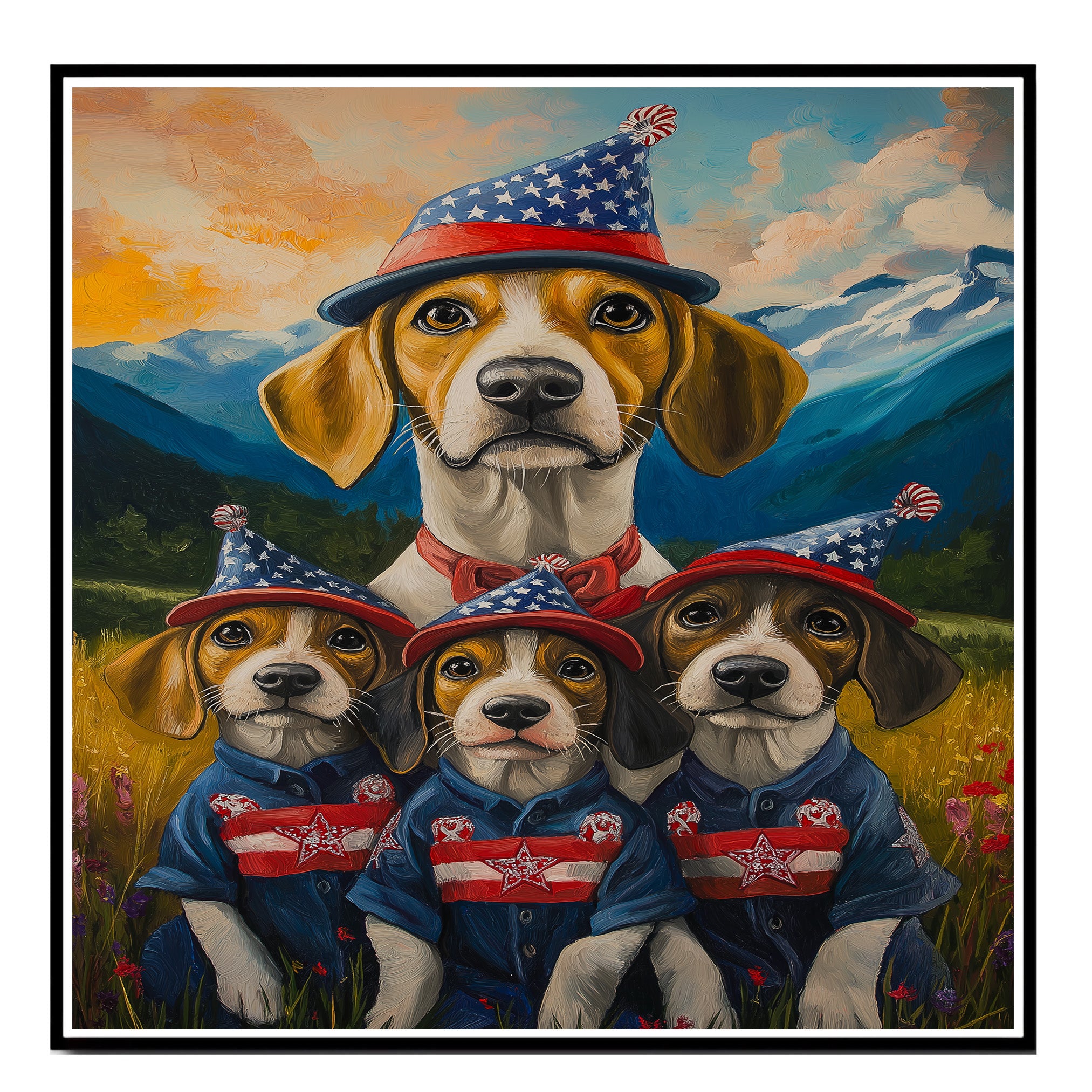 Treeing Walker Dog Family in Patriotic Outfits and Party Hats with Mountain Sunset Background for Fourth of July Decor on Ready to Hang 1.5" Thick Canvas Wrap, Floating Framed Canvas, Flat Rolled Canvas