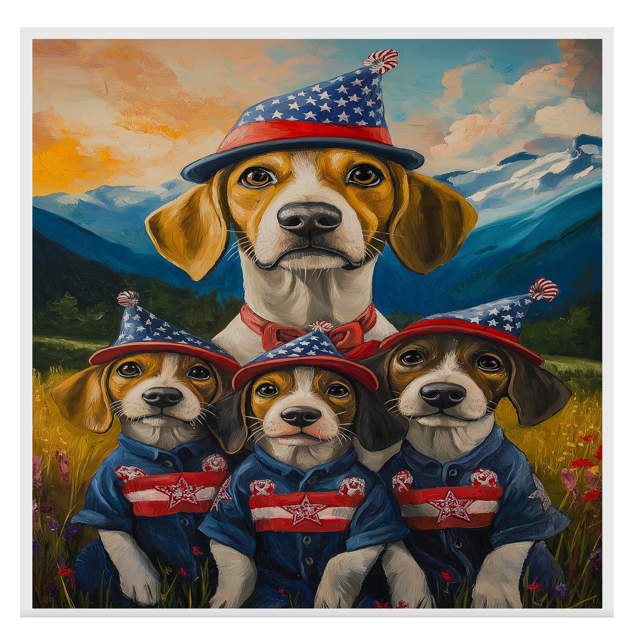 Treeing Walker Dog Family in Patriotic Outfits and Party Hats with Mountain Sunset Background for Fourth of July Decor on Ready to Hang 1.5" Thick Canvas Wrap, Floating Framed Canvas, Flat Rolled Canvas