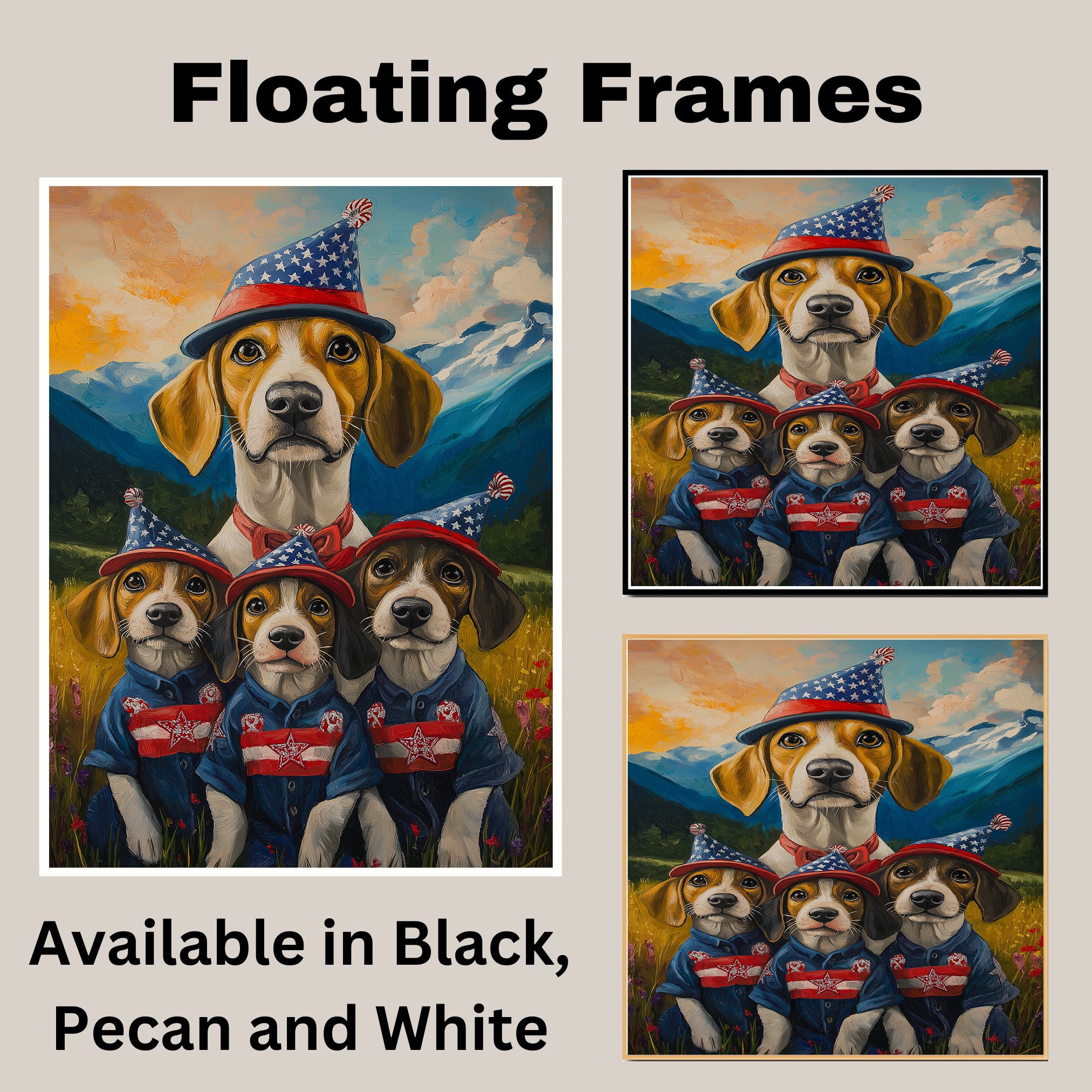 Treeing Walker Dog Family in Patriotic Outfits and Party Hats with Mountain Sunset Background for Fourth of July Decor on Ready to Hang 1.5" Thick Canvas Wrap, Floating Framed Canvas, Flat Rolled Canvas