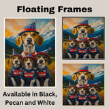 Treeing Walker Dog Family in Patriotic Outfits and Party Hats with Mountain Sunset Background for Fourth of July Decor on Ready to Hang 1.5" Thick Canvas Wrap, Floating Framed Canvas, Flat Rolled Canvas