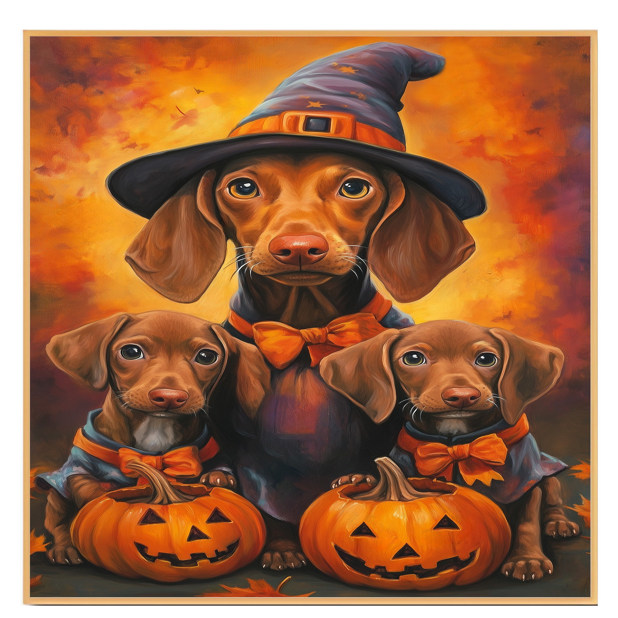 Rustic Halloween Vizsla Dog Wall Art Canvas with Pumpkins Witch Hats and Autumn Leaves Fall Farmhouse Pet Decor for Home on Ready to Hang 1.5" Thick Canvas Wrap, Floating Framed Canvas, Flat Rolled Canvas