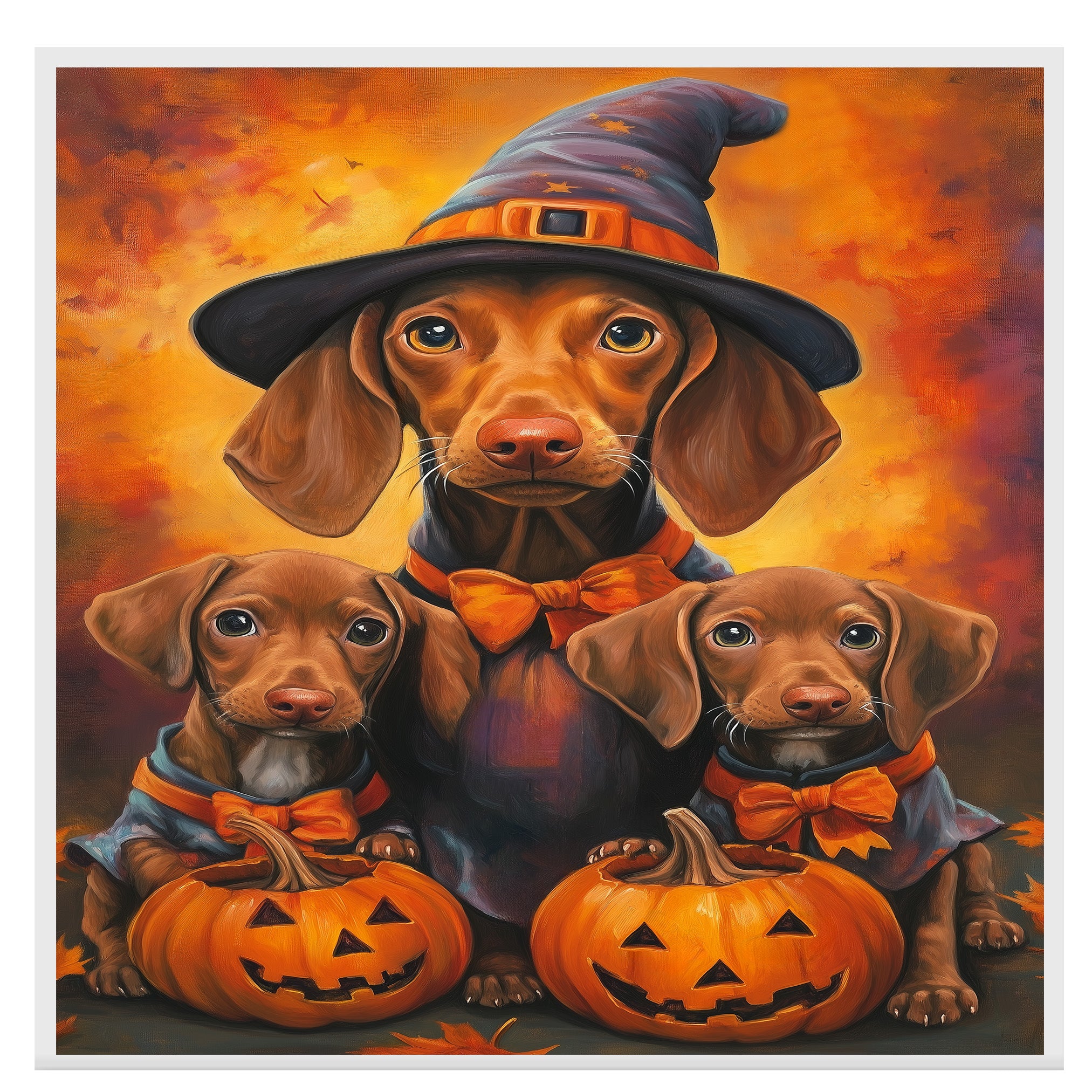 Rustic Halloween Vizsla Dog Wall Art Canvas with Pumpkins Witch Hats and Autumn Leaves Fall Farmhouse Pet Decor for Home on Ready to Hang 1.5" Thick Canvas Wrap, Floating Framed Canvas, Flat Rolled Canvas