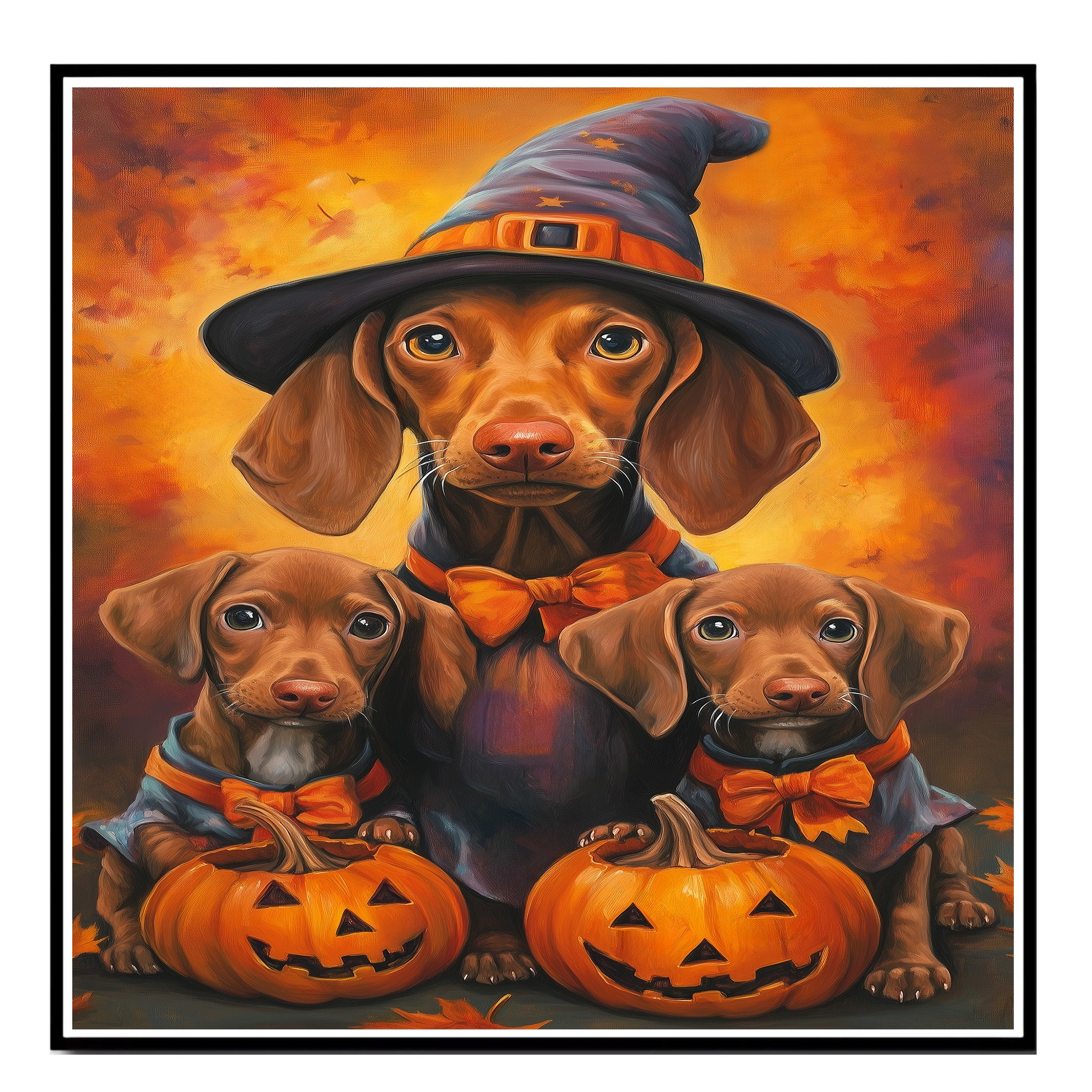 Rustic Halloween Vizsla Dog Wall Art Canvas with Pumpkins Witch Hats and Autumn Leaves Fall Farmhouse Pet Decor for Home on Ready to Hang 1.5" Thick Canvas Wrap, Floating Framed Canvas, Flat Rolled Canvas