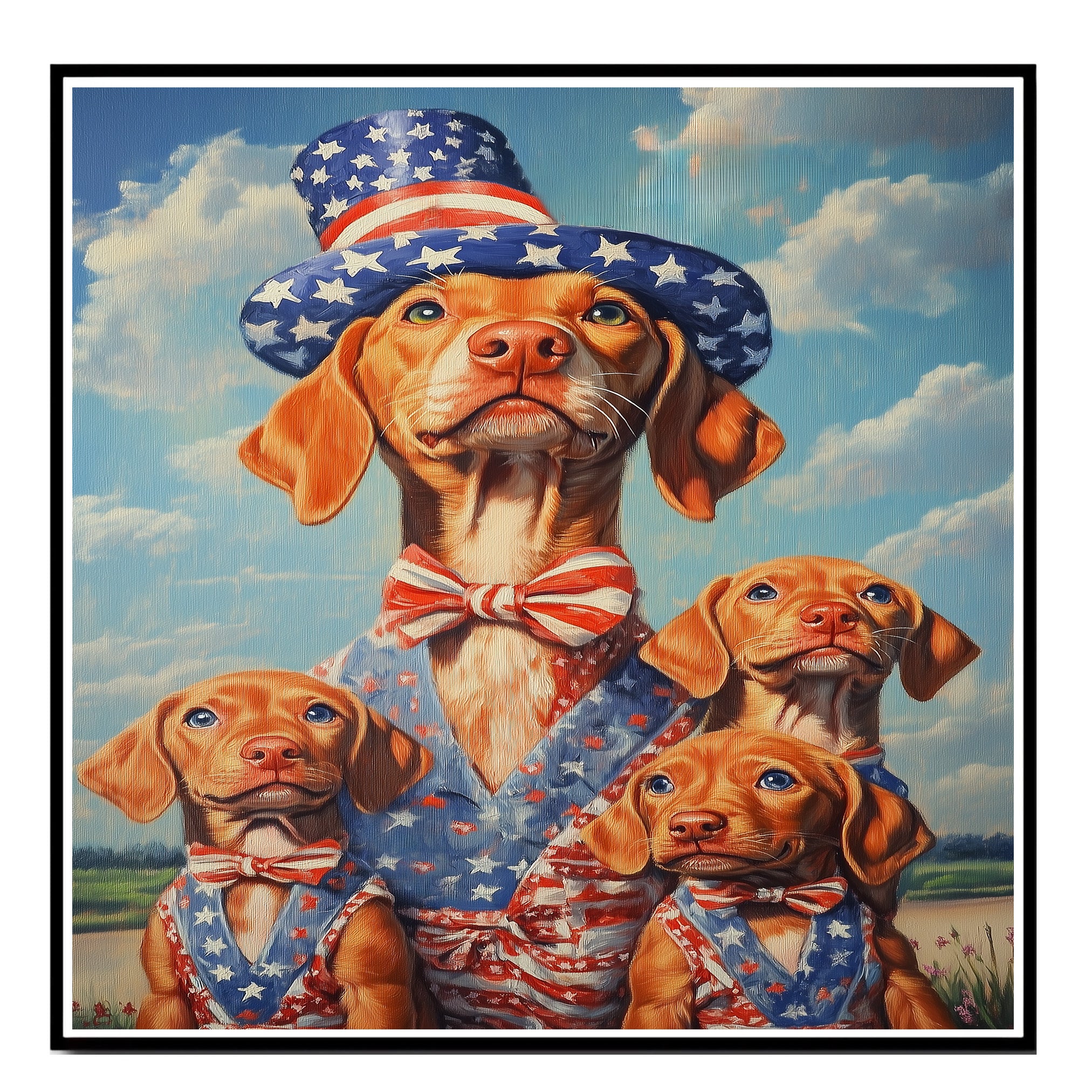 Vizsla Dog Family in Patriotic Outfits and Star Hats with Blue Sky and Clouds for Fourth of July Celebration on Ready to Hang 1.5" Thick Canvas Wrap, Floating Framed Canvas, Flat Rolled Canvas