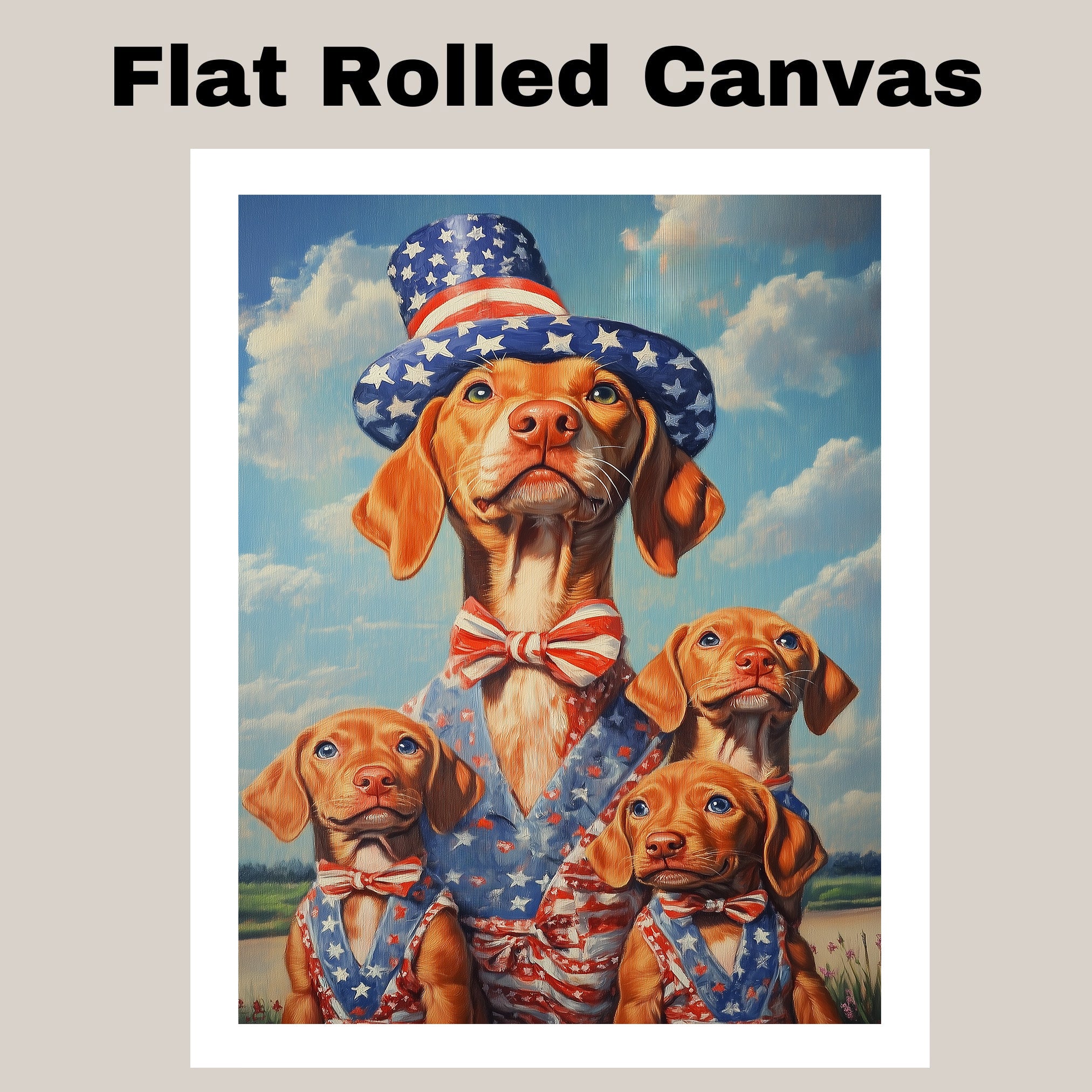 Vizsla Dog Family in Patriotic Outfits and Star Hats with Blue Sky and Clouds for Fourth of July Celebration on Ready to Hang 1.5" Thick Canvas Wrap, Floating Framed Canvas, Flat Rolled Canvas