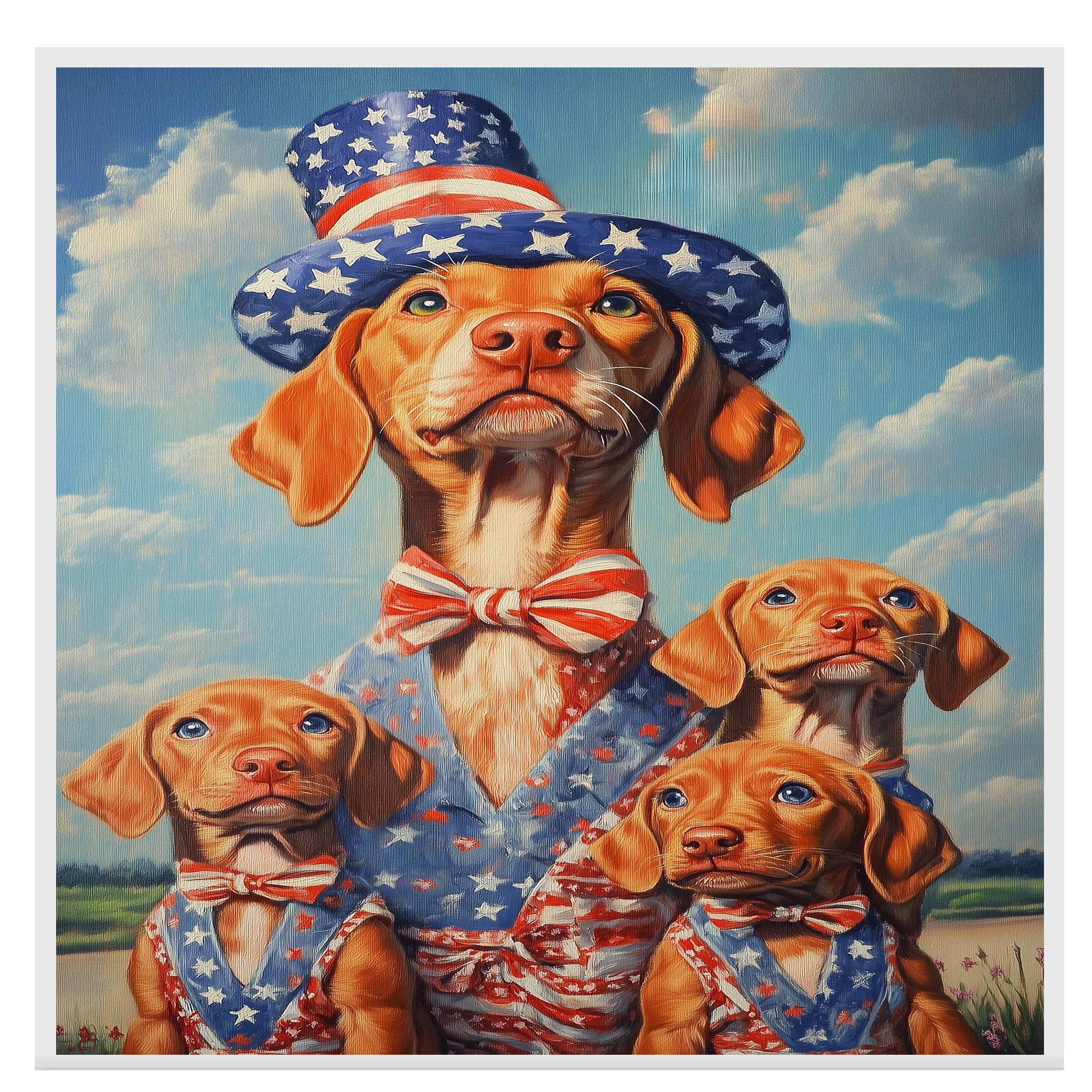 Vizsla Dog Family in Patriotic Outfits and Star Hats with Blue Sky and Clouds for Fourth of July Celebration on Ready to Hang 1.5" Thick Canvas Wrap, Floating Framed Canvas, Flat Rolled Canvas