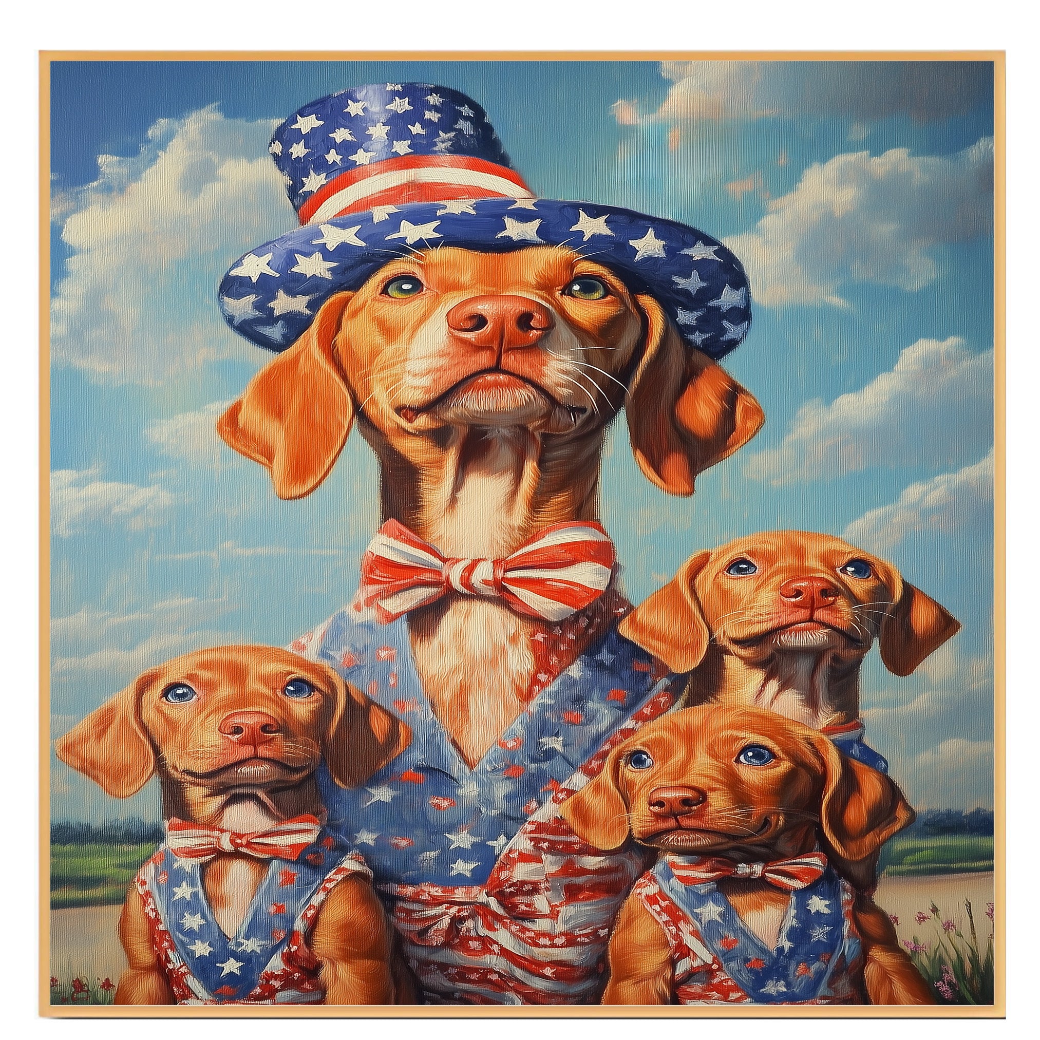 Vizsla Dog Family in Patriotic Outfits and Star Hats with Blue Sky and Clouds for Fourth of July Celebration on Ready to Hang 1.5" Thick Canvas Wrap, Floating Framed Canvas, Flat Rolled Canvas