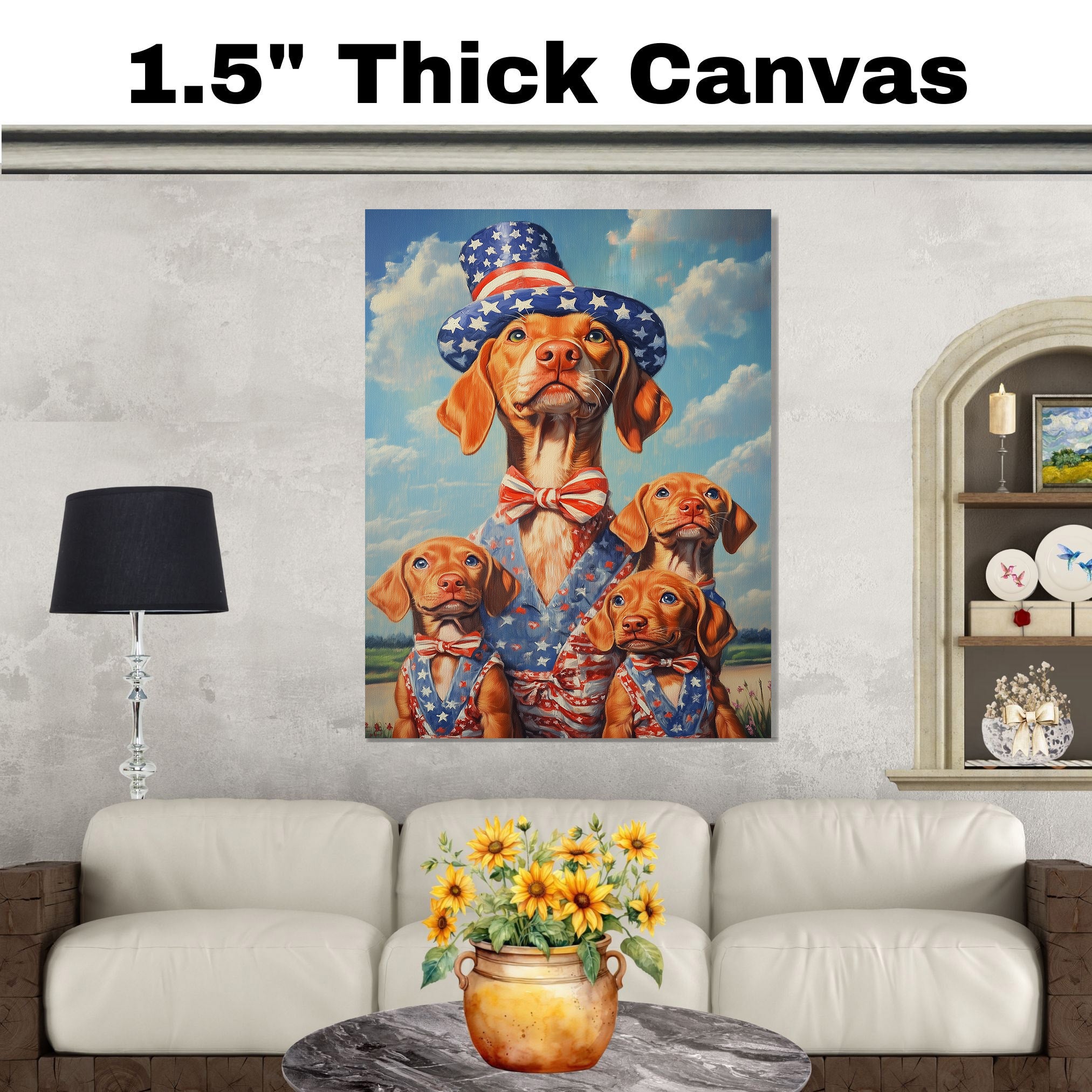 Vizsla Dog Family in Patriotic Outfits and Star Hats with Blue Sky and Clouds for Fourth of July Celebration on Ready to Hang 1.5" Thick Canvas Wrap, Floating Framed Canvas, Flat Rolled Canvas