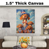 Vizsla Dog Family in Patriotic Outfits and Star Hats with Blue Sky and Clouds for Fourth of July Celebration on Ready to Hang 1.5" Thick Canvas Wrap, Floating Framed Canvas, Flat Rolled Canvas
