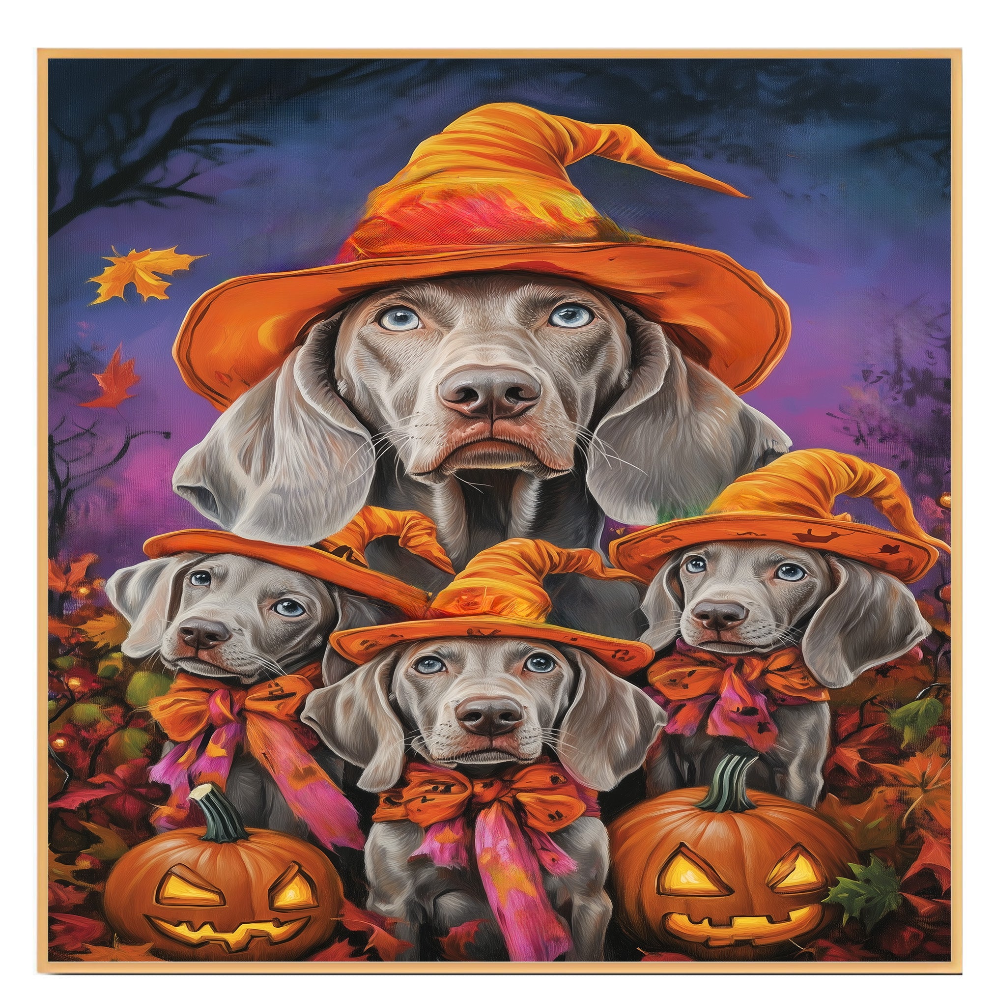 Halloween Weimaraner Dog Wall Art Rustic Fall Canvas with Pumpkins Witch Hats and Autumn Leaves Farmhouse Pet Decor for Home on Ready to Hang 1.5" Thick Canvas Wrap, Floating Framed Canvas, Flat Rolled Canvas