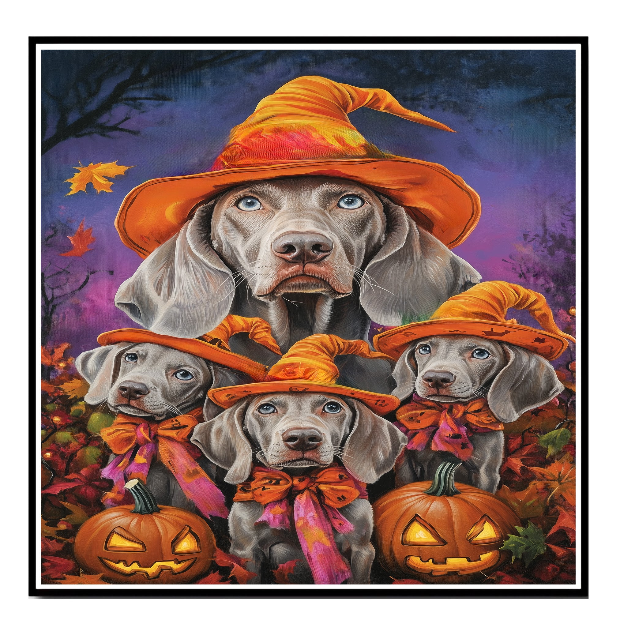 Halloween Weimaraner Dog Wall Art Rustic Fall Canvas with Pumpkins Witch Hats and Autumn Leaves Farmhouse Pet Decor for Home on Ready to Hang 1.5" Thick Canvas Wrap, Floating Framed Canvas, Flat Rolled Canvas