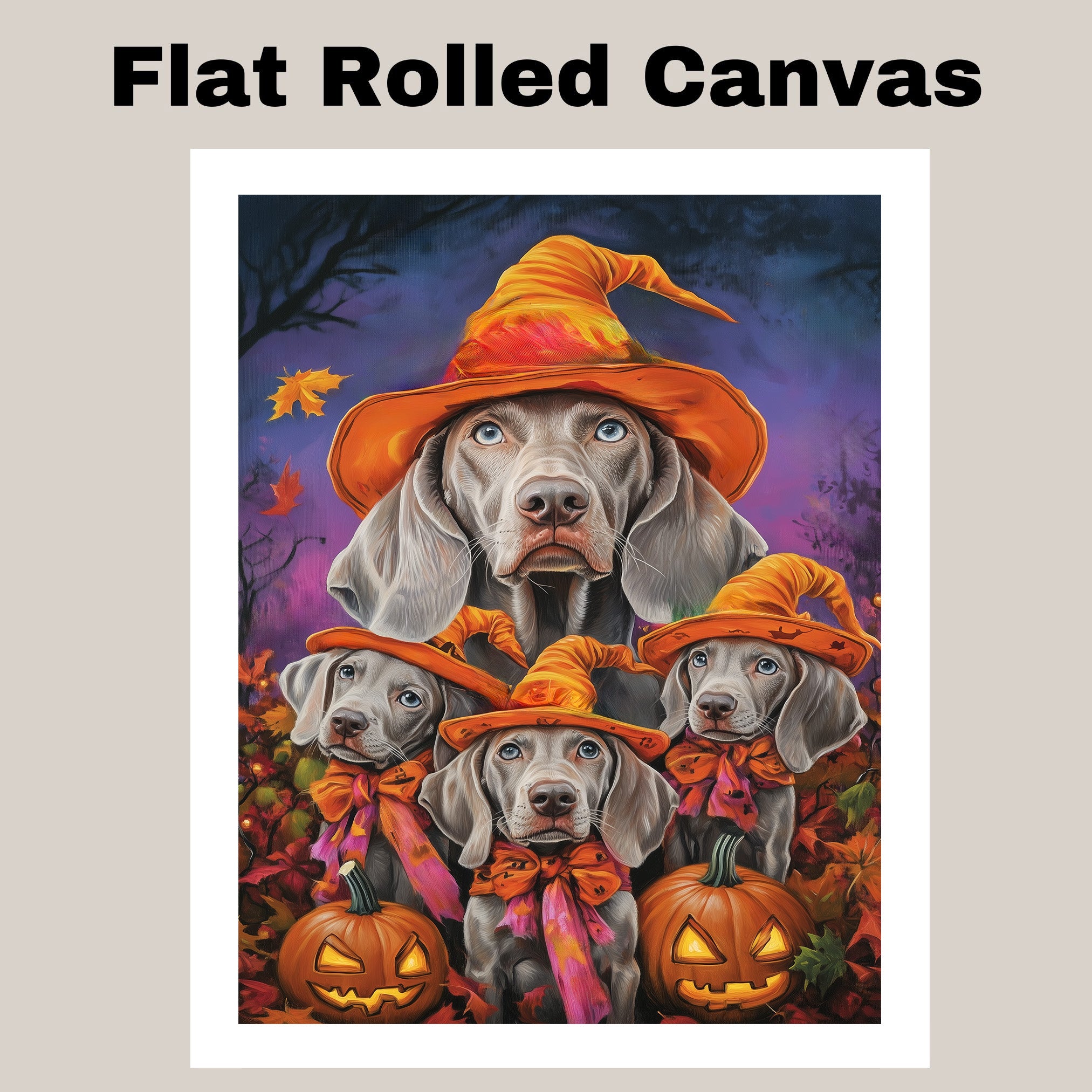 Halloween Weimaraner Dog Wall Art Rustic Fall Canvas with Pumpkins Witch Hats and Autumn Leaves Farmhouse Pet Decor for Home on Ready to Hang 1.5" Thick Canvas Wrap, Floating Framed Canvas, Flat Rolled Canvas