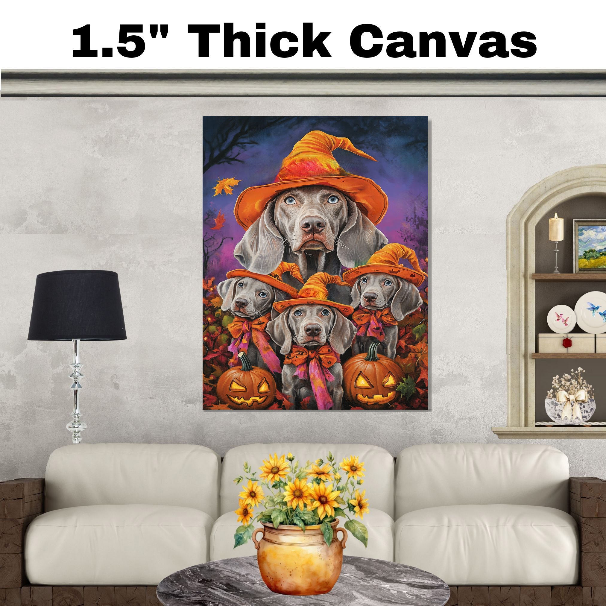 Halloween Weimaraner Dog Wall Art Rustic Fall Canvas with Pumpkins Witch Hats and Autumn Leaves Farmhouse Pet Decor for Home on Ready to Hang 1.5" Thick Canvas Wrap, Floating Framed Canvas, Flat Rolled Canvas