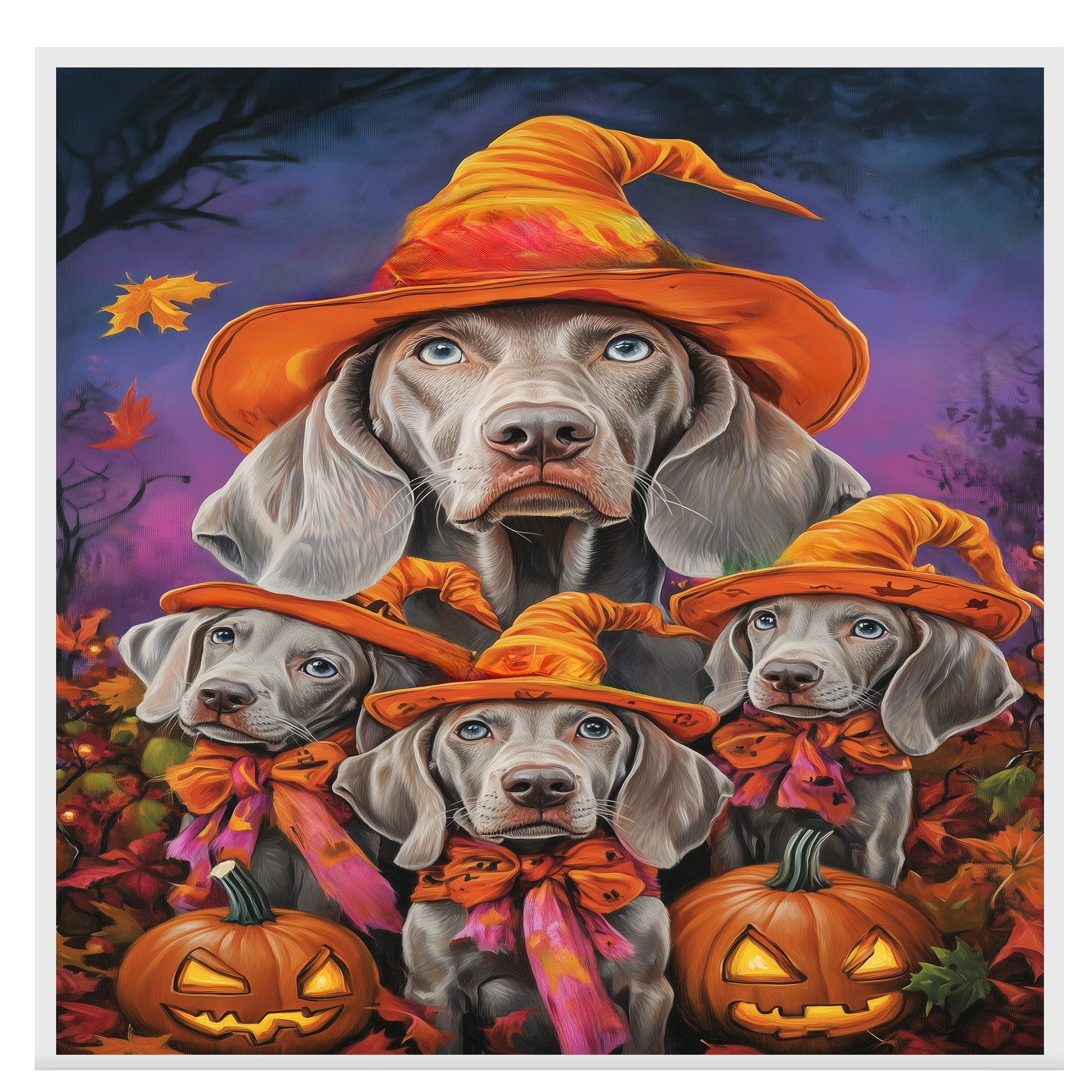 Halloween Weimaraner Dog Wall Art Rustic Fall Canvas with Pumpkins Witch Hats and Autumn Leaves Farmhouse Pet Decor for Home on Ready to Hang 1.5" Thick Canvas Wrap, Floating Framed Canvas, Flat Rolled Canvas