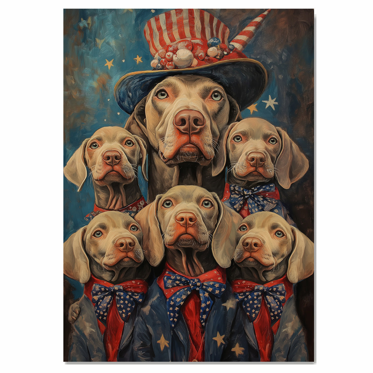 Weimaraner Dog Family in Patriotic Outfits with Stars and Stripes Hats and Bowties for Fourth of July Celebration on Ready to Hang 1.5" Thick Canvas Wrap, Floating Framed Canvas, Flat Rolled Canvas