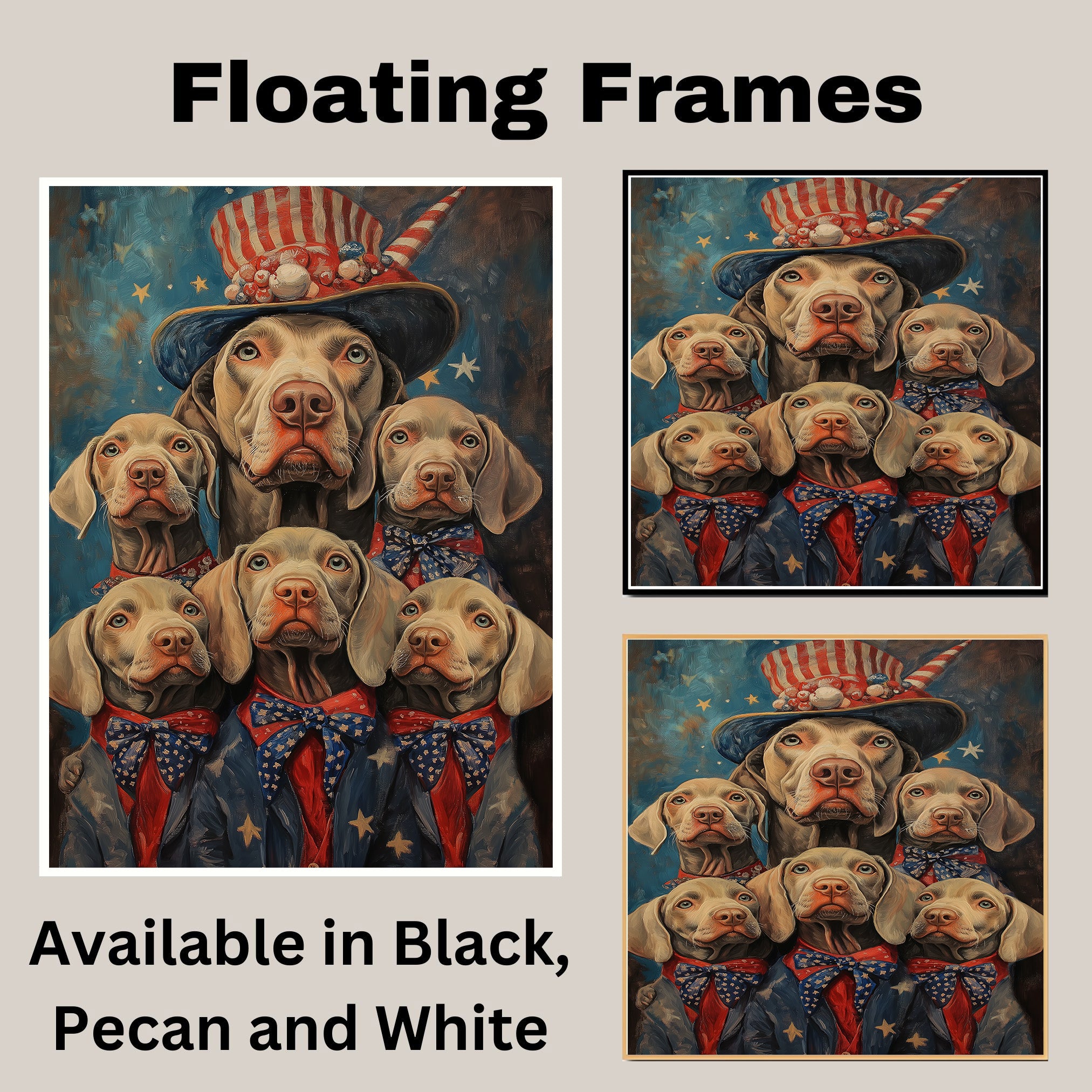 Weimaraner Dog Family in Patriotic Outfits with Stars and Stripes Hats and Bowties for Fourth of July Celebration on Ready to Hang 1.5" Thick Canvas Wrap, Floating Framed Canvas, Flat Rolled Canvas