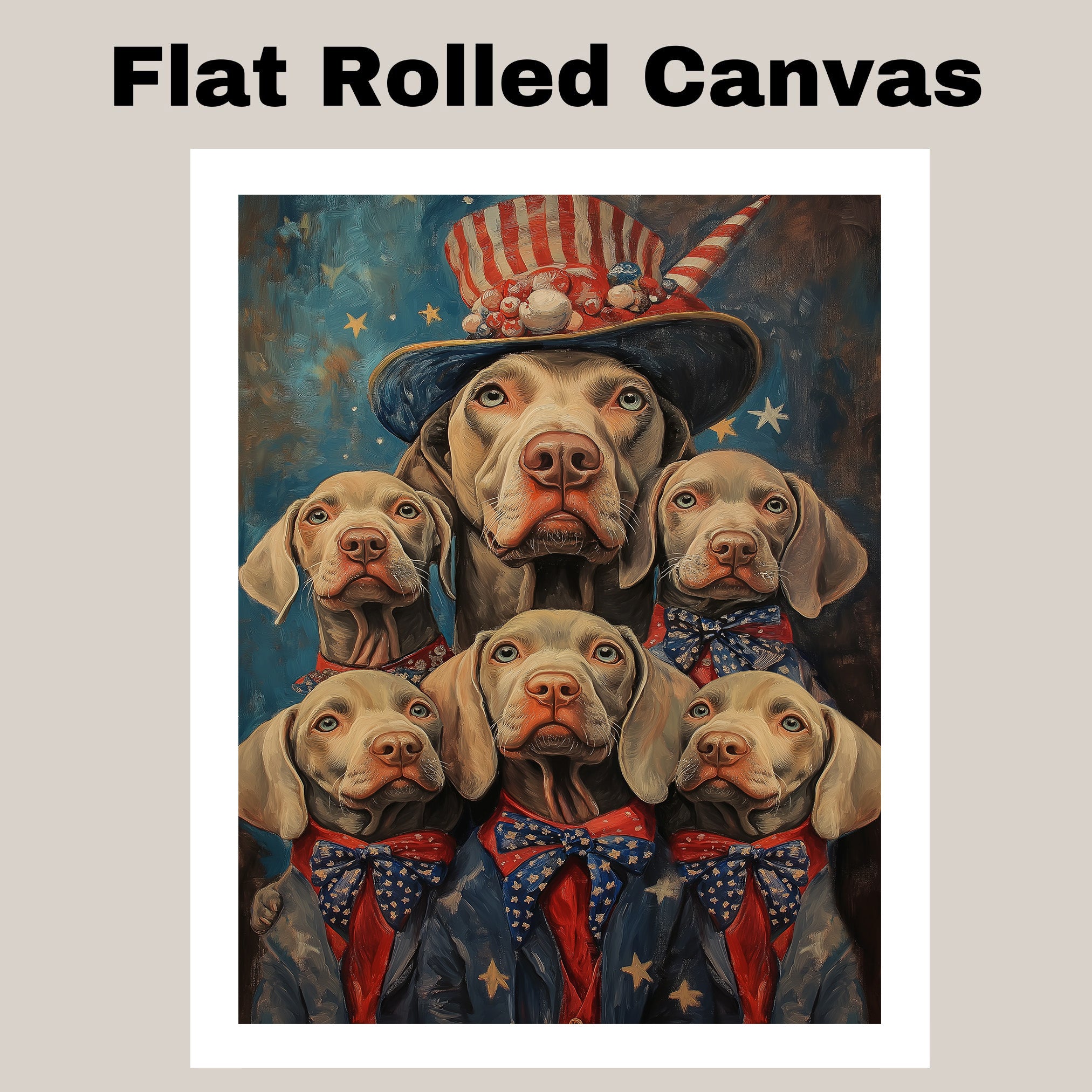 Weimaraner Dog Family in Patriotic Outfits with Stars and Stripes Hats and Bowties for Fourth of July Celebration on Ready to Hang 1.5" Thick Canvas Wrap, Floating Framed Canvas, Flat Rolled Canvas