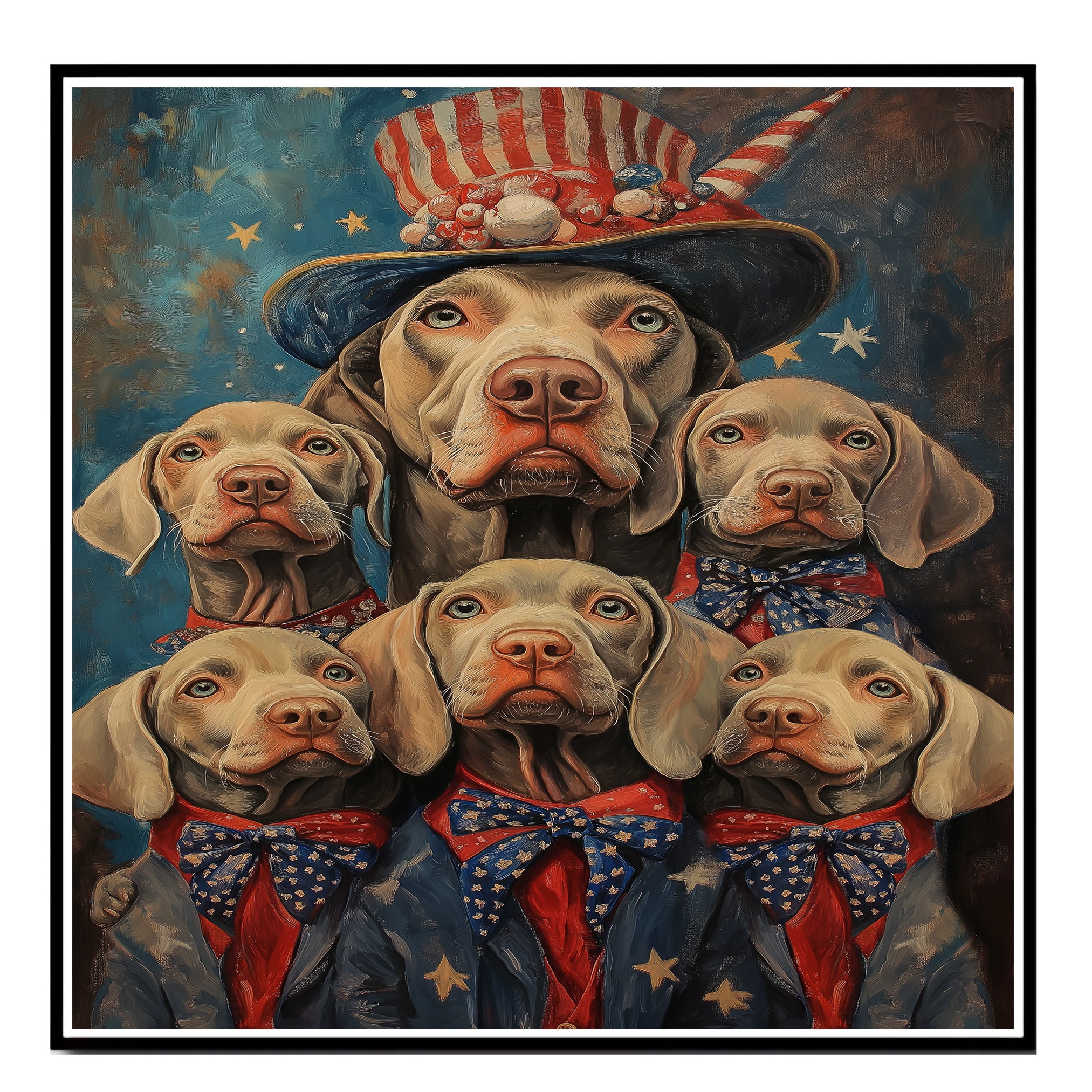 Weimaraner Dog Family in Patriotic Outfits with Stars and Stripes Hats and Bowties for Fourth of July Celebration on Ready to Hang 1.5" Thick Canvas Wrap, Floating Framed Canvas, Flat Rolled Canvas