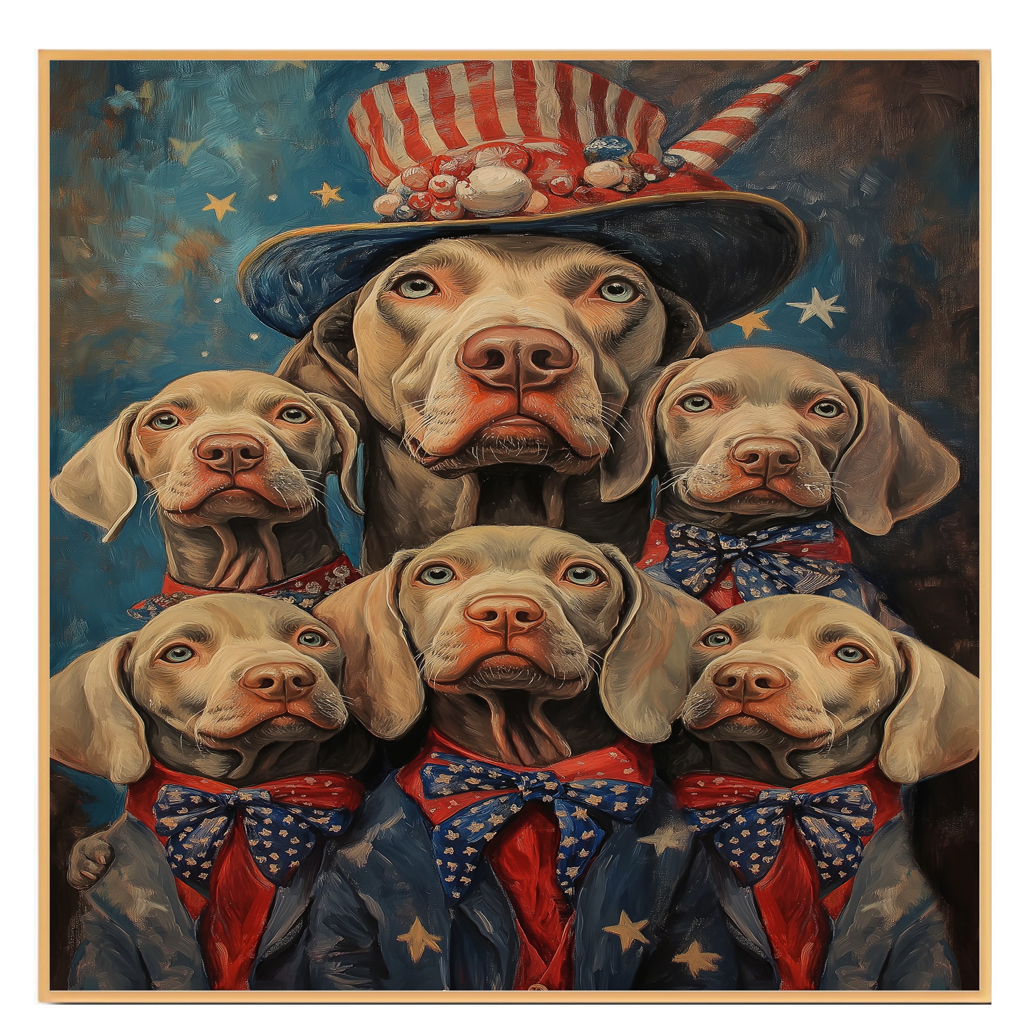 Weimaraner Dog Family in Patriotic Outfits with Stars and Stripes Hats and Bowties for Fourth of July Celebration on Ready to Hang 1.5" Thick Canvas Wrap, Floating Framed Canvas, Flat Rolled Canvas