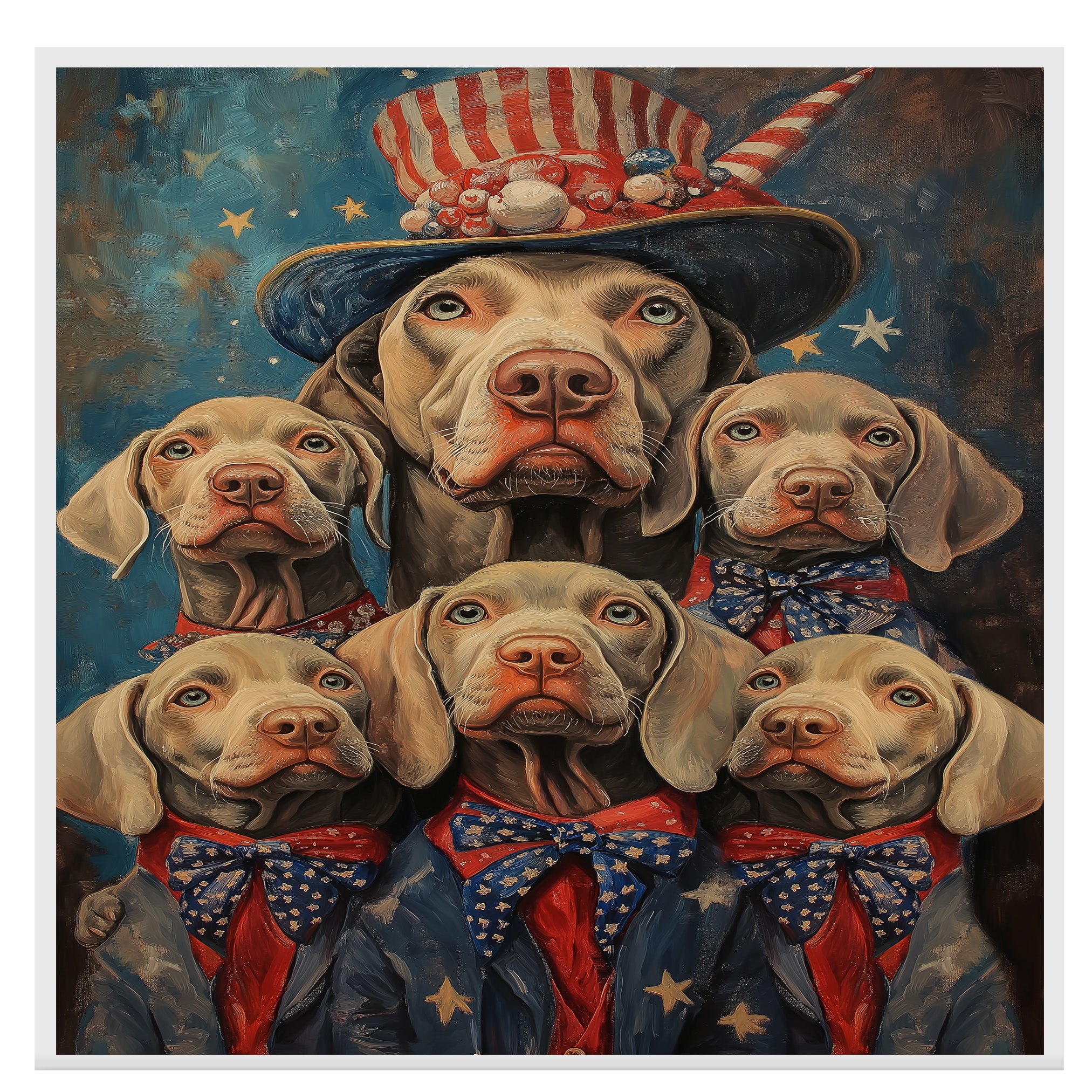 Weimaraner Dog Family in Patriotic Outfits with Stars and Stripes Hats and Bowties for Fourth of July Celebration on Ready to Hang 1.5" Thick Canvas Wrap, Floating Framed Canvas, Flat Rolled Canvas
