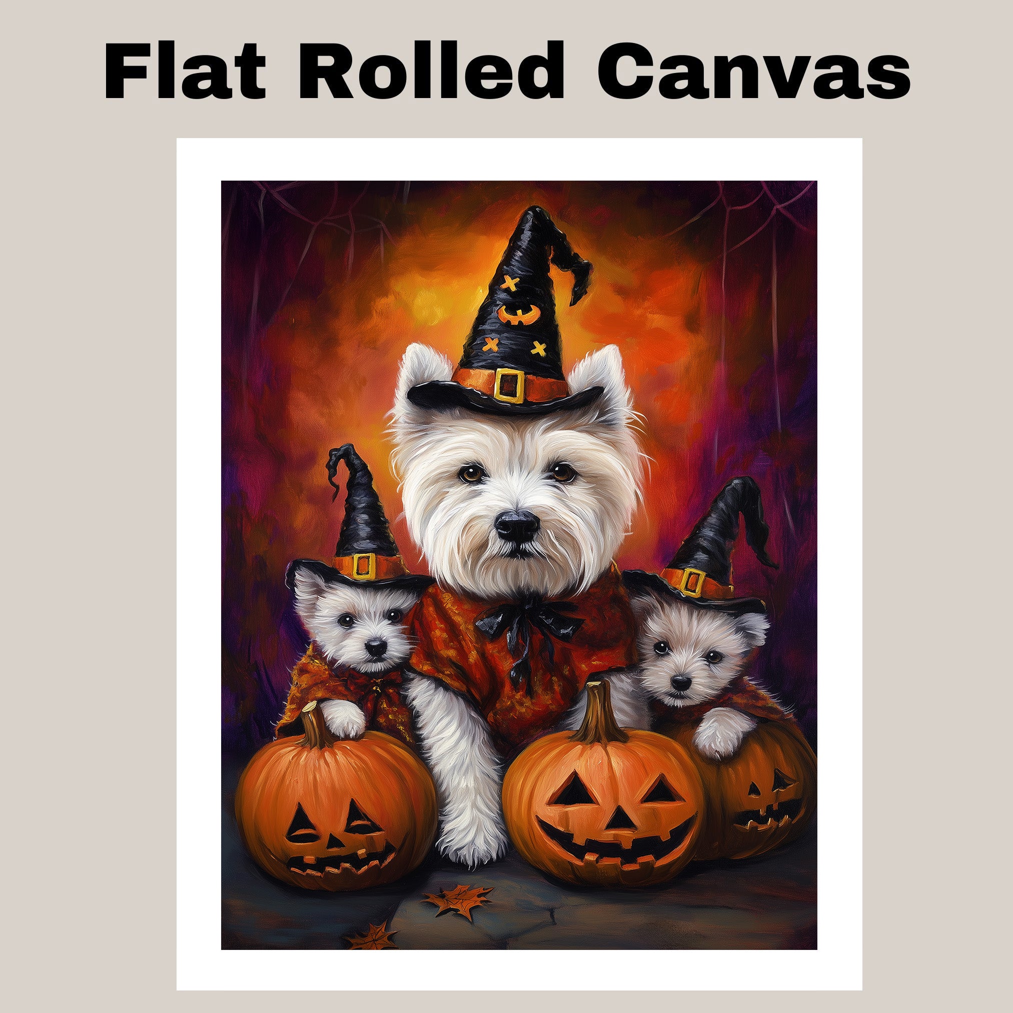 West Highland Terrier Dog Halloween Wall Art Rustic Fall Canvas with Pumpkins Witch Hats and Autumn Leaves Farmhouse Pet Decor for Home and Dog Lovers on Ready to Hang 1.5" Thick Canvas Wrap, Floating Framed Canvas, Flat Rolled Canvas